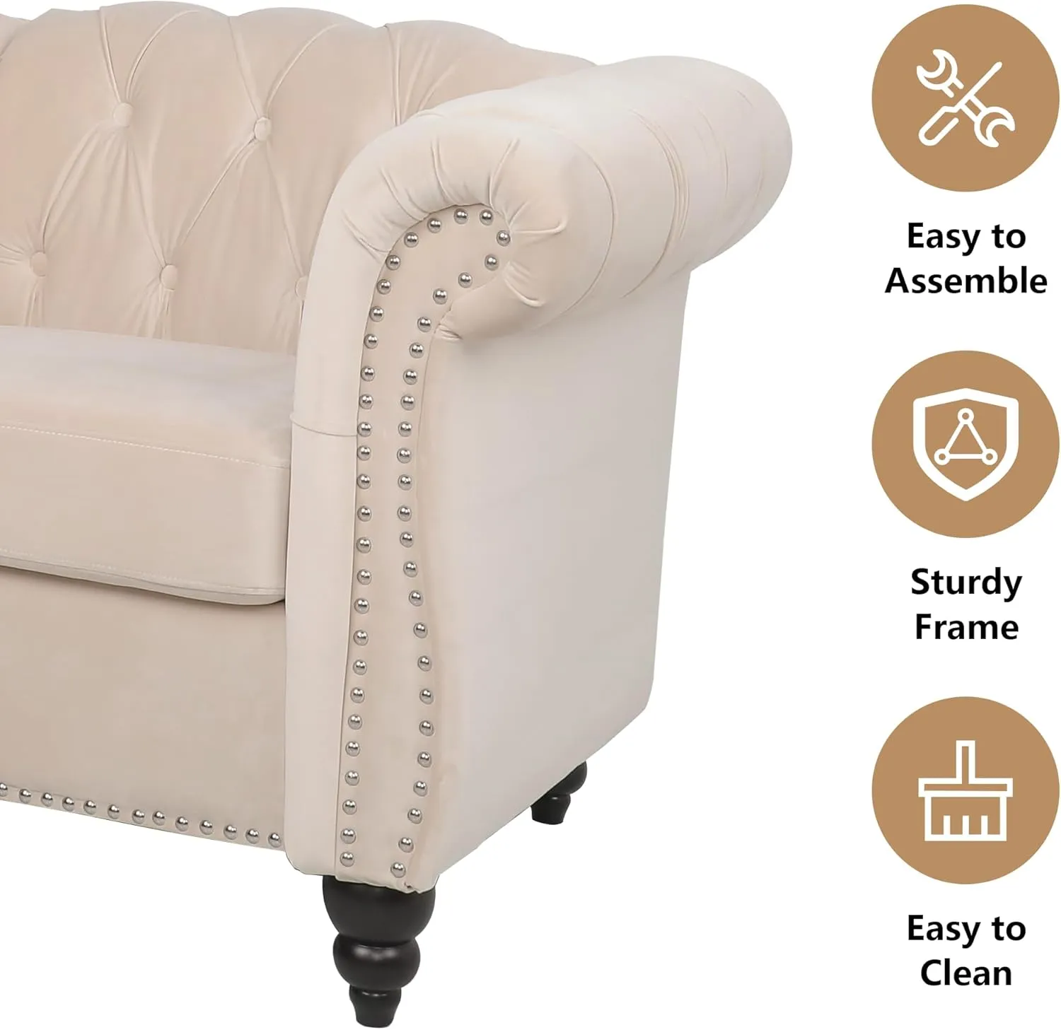 Living Room Chair, Modern Velvet Chesterfield Sofa Chair, Mid Century Single Sofa Couch Chair with Tufted Back and Rolled Arms, Accent Sofa Chair for Living Room Apartment, Beige