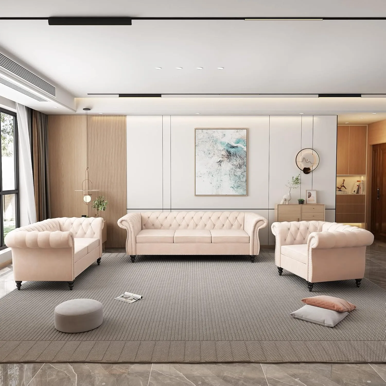 Living Room Chair, Modern Velvet Chesterfield Sofa Chair, Mid Century Single Sofa Couch Chair with Tufted Back and Rolled Arms, Accent Sofa Chair for Living Room Apartment, Beige