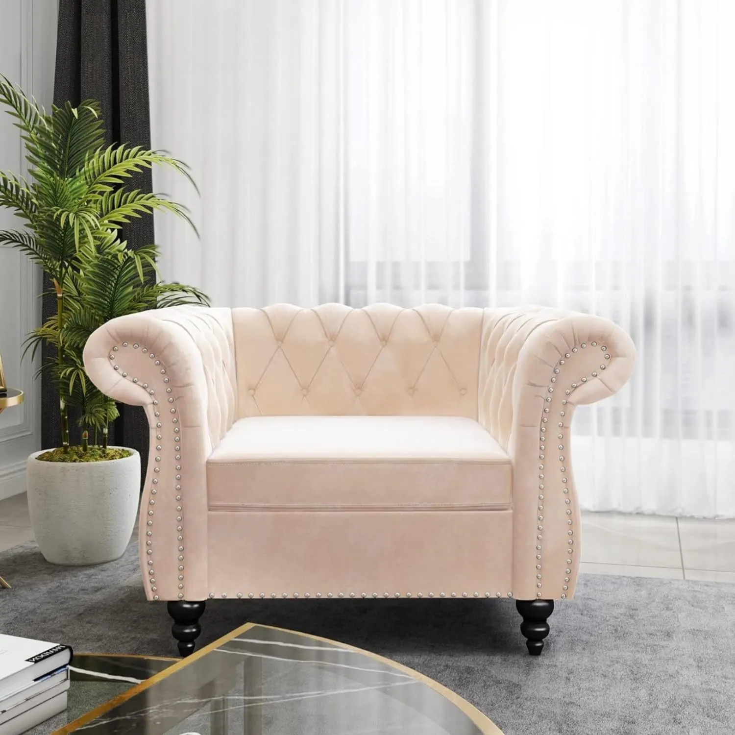 Living Room Chair, Modern Velvet Chesterfield Sofa Chair, Mid Century Single Sofa Couch Chair with Tufted Back and Rolled Arms, Accent Sofa Chair for Living Room Apartment, Beige