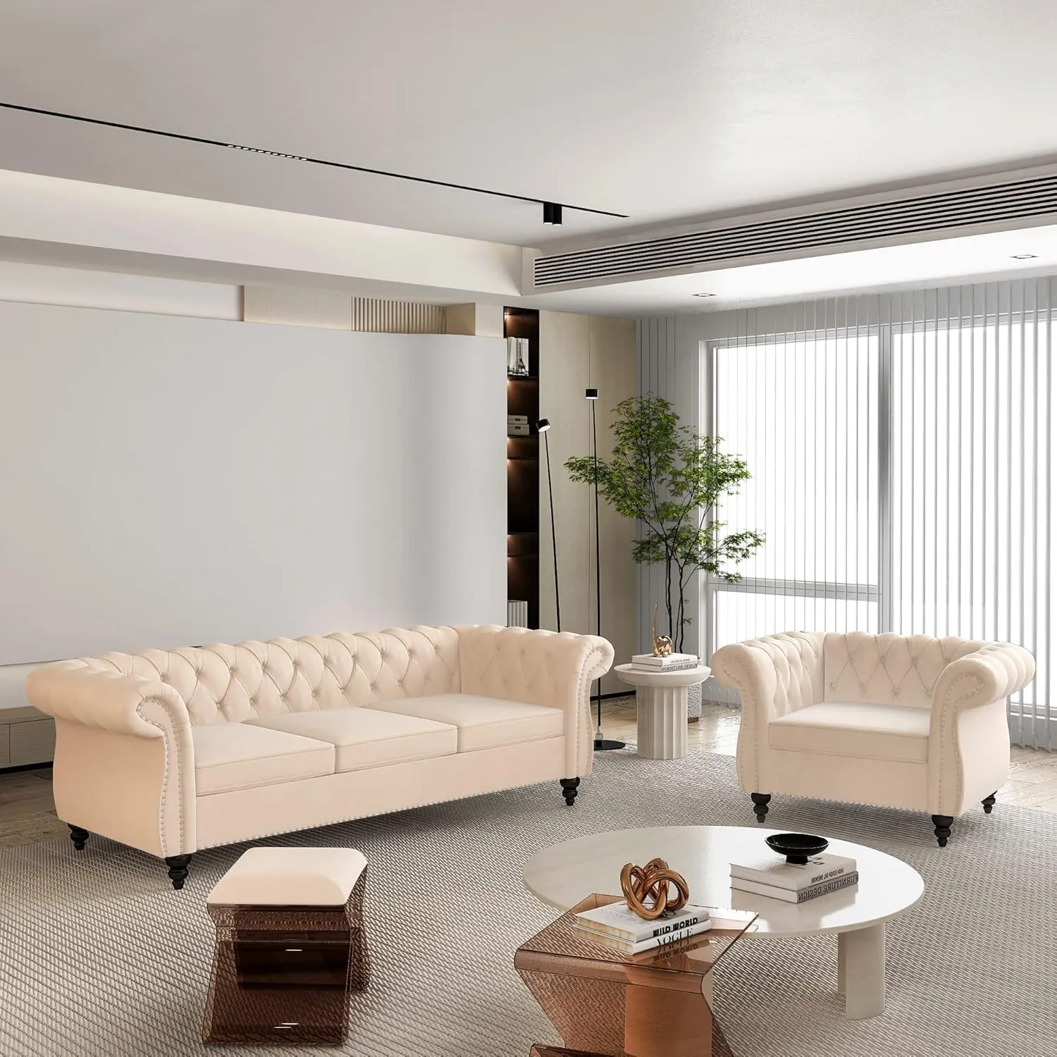 Living Room Chair, Modern Velvet Chesterfield Sofa Chair, Mid Century Single Sofa Couch Chair with Tufted Back and Rolled Arms, Accent Sofa Chair for Living Room Apartment, Beige
