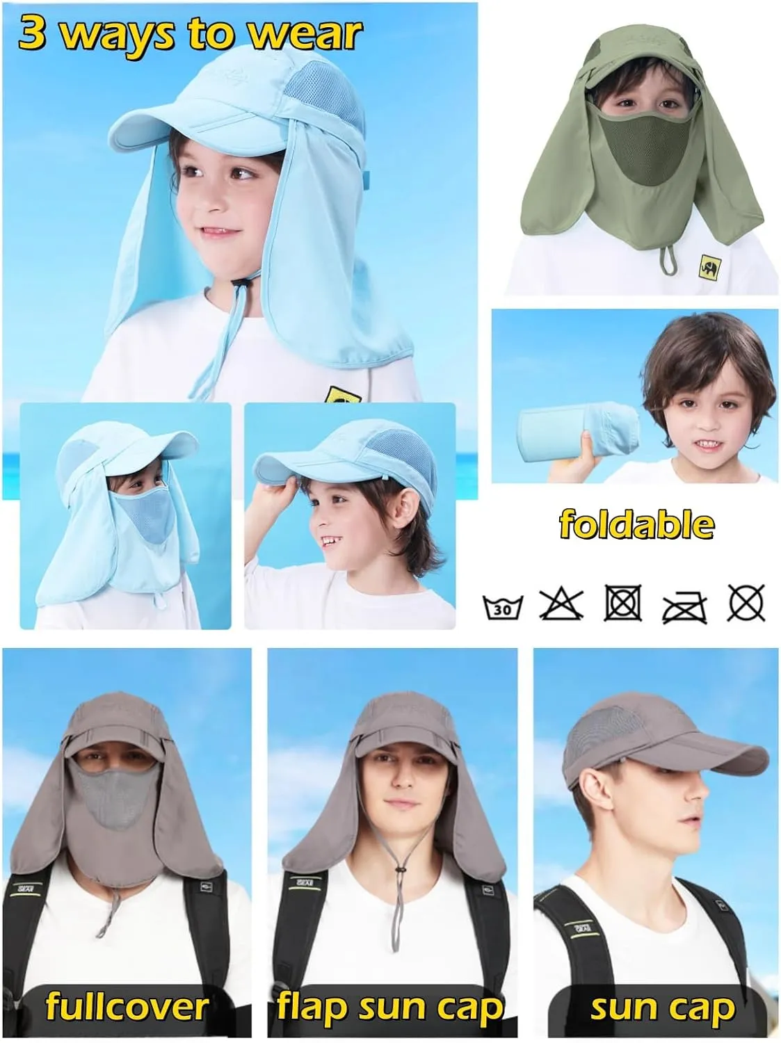 LLmoway Mens Womens Kids Sun Protection Fishing Hat Safari Flap Cap Quick Dry