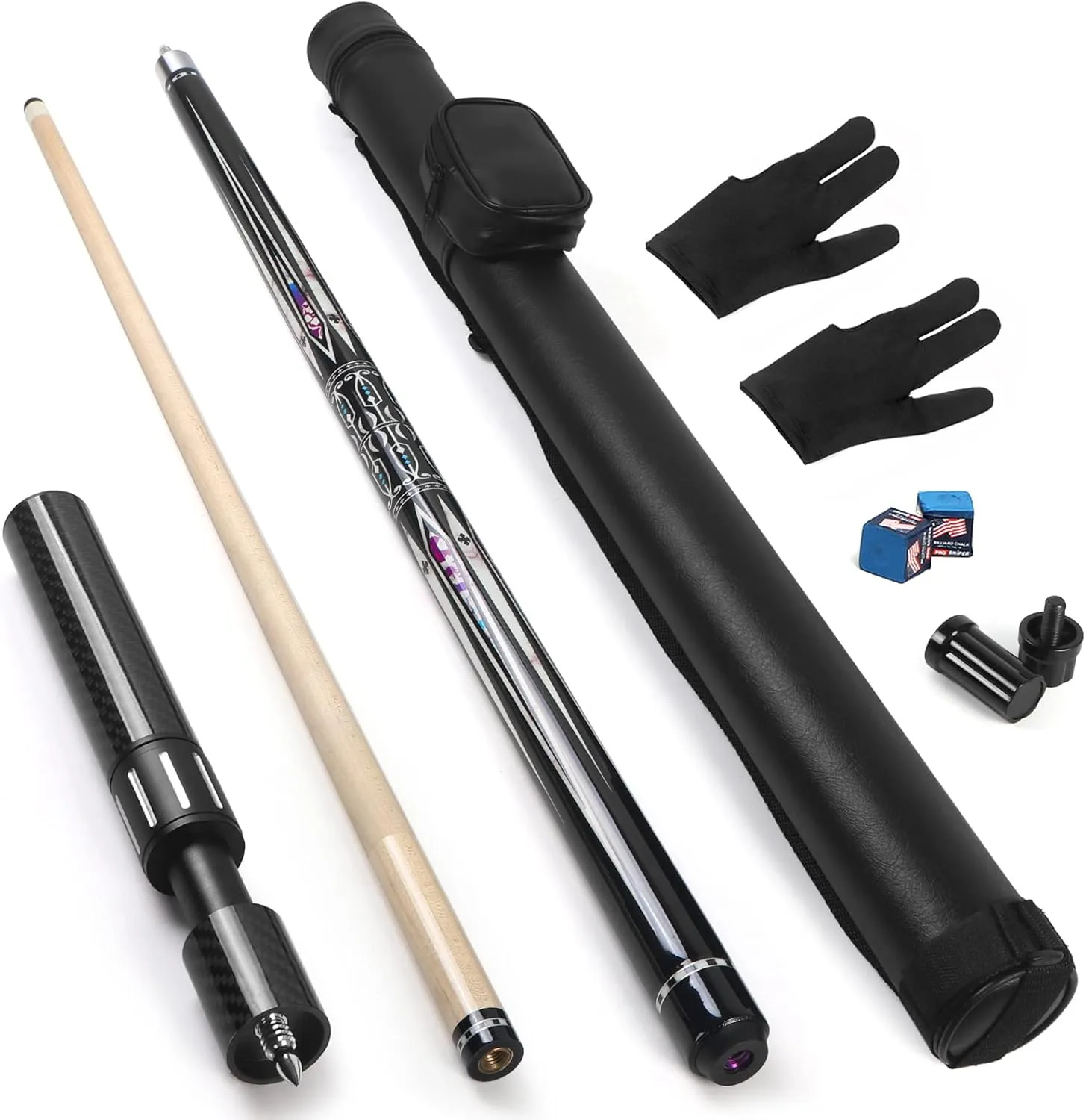 lotmusic Premium Pool Stick with Telescopic Fiber Extension Cue,58 Inch Professional Pool Cue Stick Set with Black Pool Cue Case & Billiards Accessories