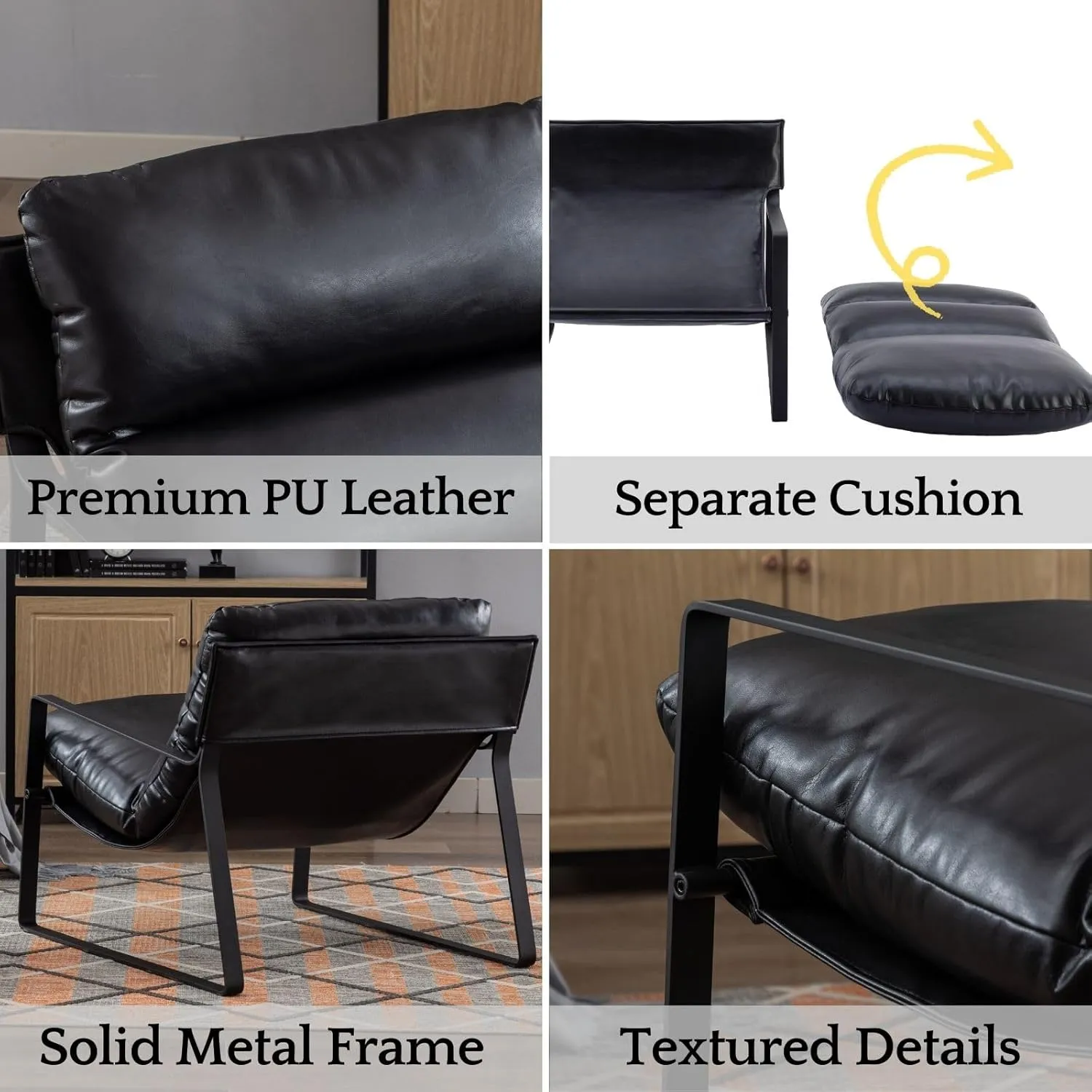 LukeAlon Modern PU Leather Accent Armchair, Upholstered Living Room Chair with Metal Base Removable Thickened Cushion Single Sofa Chair Comfy Lounge Chair for Bedroom Living Room Office, Black