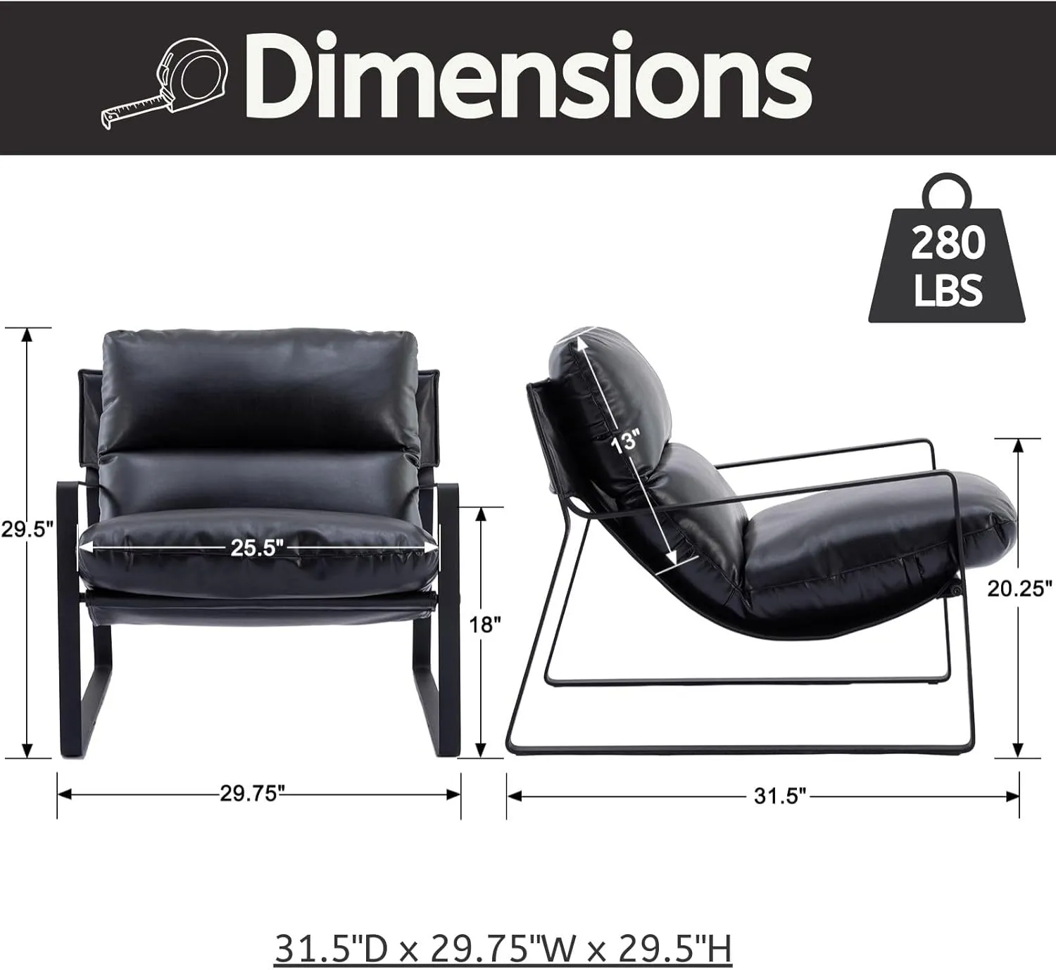 LukeAlon Modern PU Leather Accent Armchair, Upholstered Living Room Chair with Metal Base Removable Thickened Cushion Single Sofa Chair Comfy Lounge Chair for Bedroom Living Room Office, Black