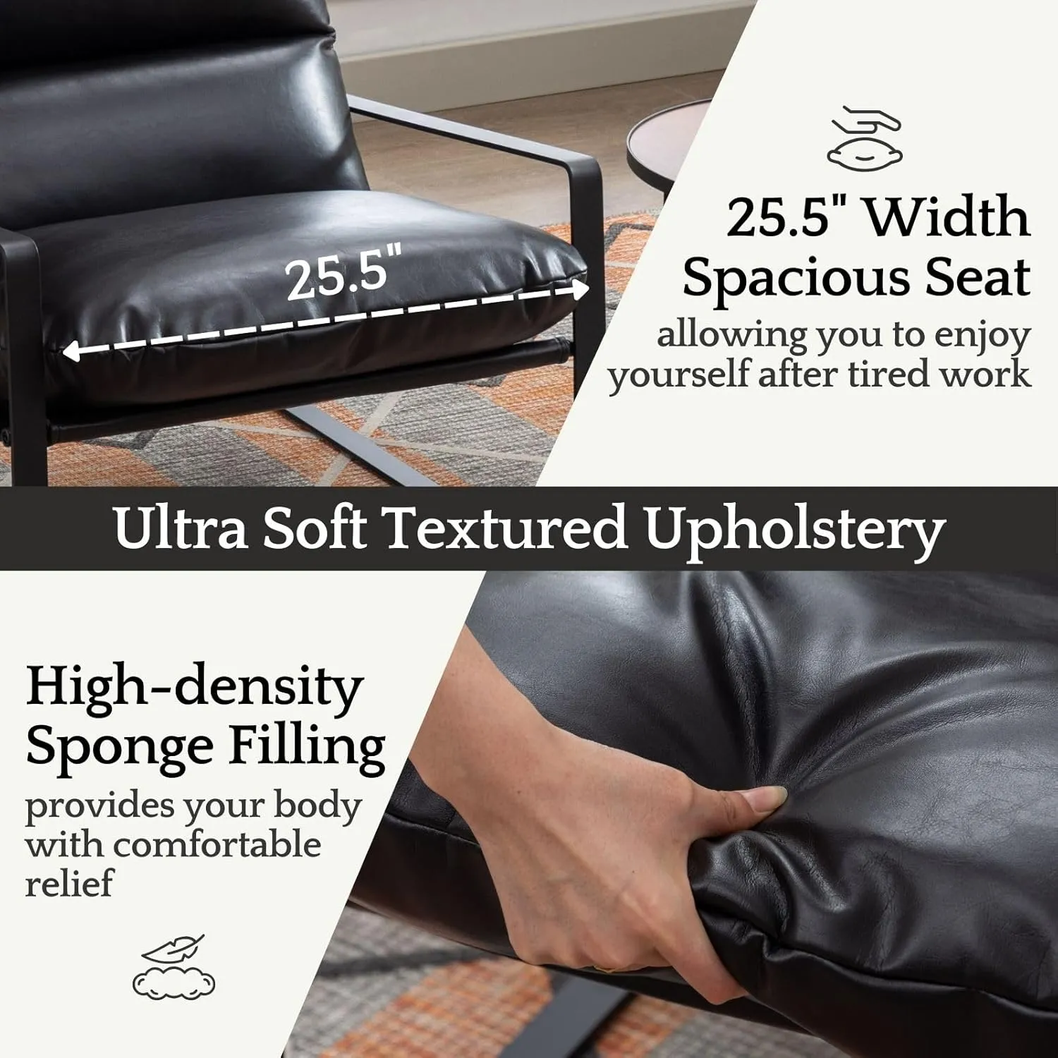 LukeAlon Modern PU Leather Accent Armchair, Upholstered Living Room Chair with Metal Base Removable Thickened Cushion Single Sofa Chair Comfy Lounge Chair for Bedroom Living Room Office, Black