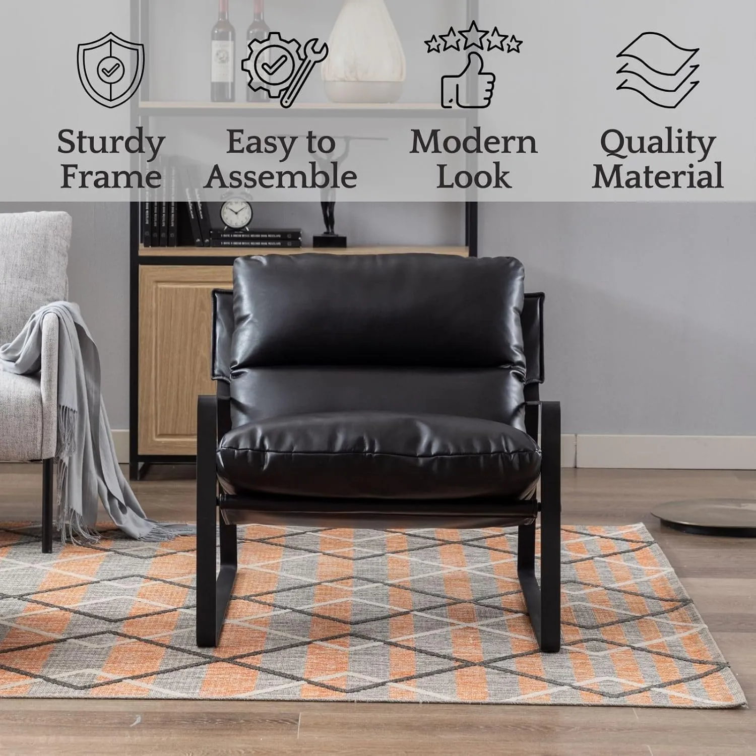 LukeAlon Modern PU Leather Accent Armchair, Upholstered Living Room Chair with Metal Base Removable Thickened Cushion Single Sofa Chair Comfy Lounge Chair for Bedroom Living Room Office, Black