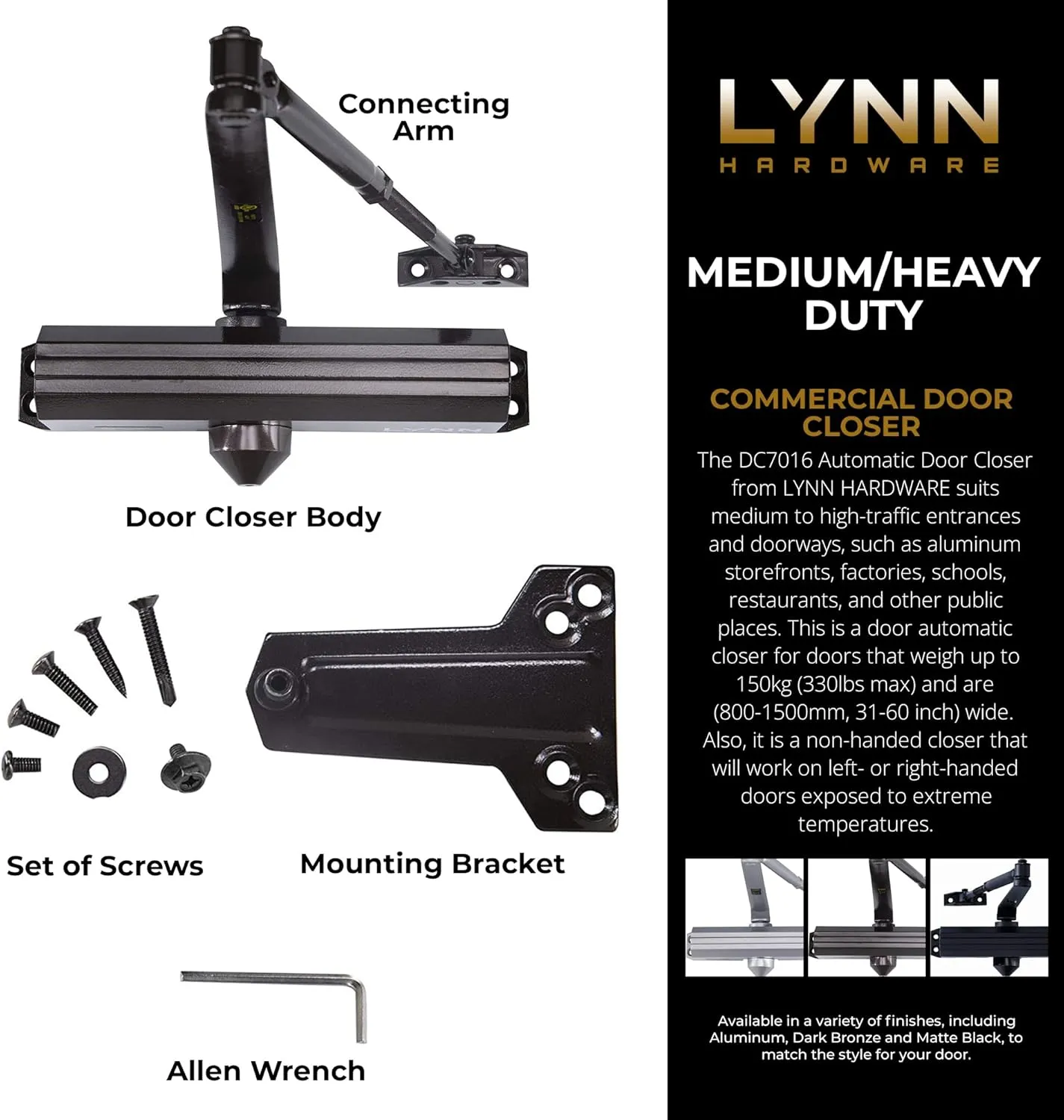 LYNN HARDWARE Medium/Heavy Duty Commercial Door Closer - DC7016 Surface Mounted, Grade 1- ADA & UL 3 Hour Fire Rated, Adjustable Size 1-6 for entrances & Aluminum storefronts- US10B Dark Bronze