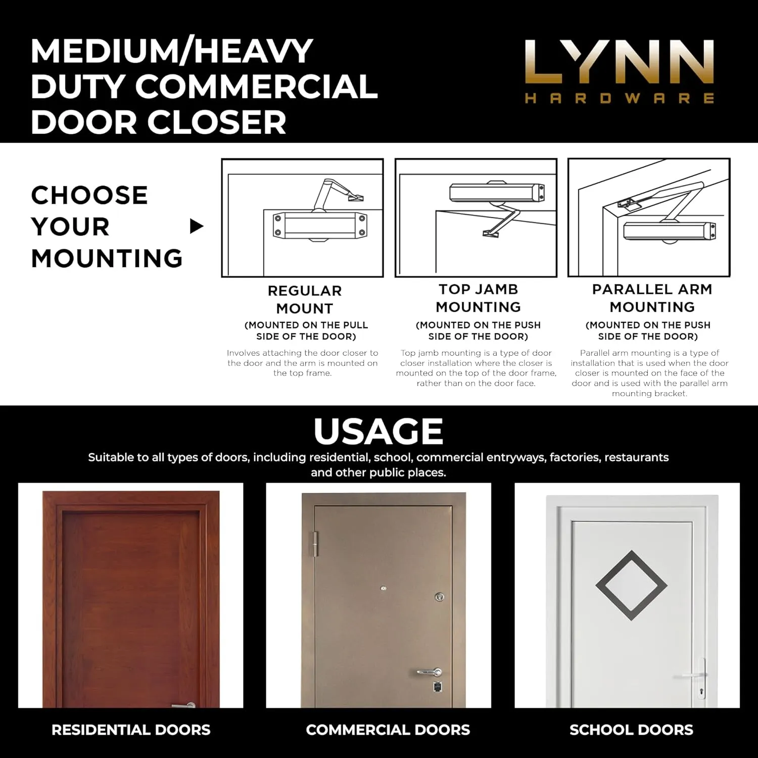 LYNN HARDWARE Medium/Heavy Duty Commercial Door Closer - DC7016 Surface Mounted, Grade 1- ADA & UL 3 Hour Fire Rated, Adjustable Size 1-6 for entrances & Aluminum storefronts- US10B Dark Bronze
