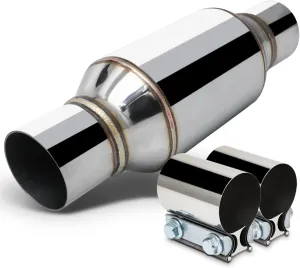 M-AUTO Universal Chrome Welded Muffler, 12" Overall Length Heavy Duty Stainless Steel 2.25" Inlet and Outlet Direct Fit Exhaust Muffler Assembly, Chrome