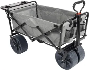 MacSports All Terrain Beach Wagon with Side Table|Heavy Duty Collapsible Folding Cart with Large Wheels for Beach Day, Picnic, Camping,Outdoor Activities | Light Gray