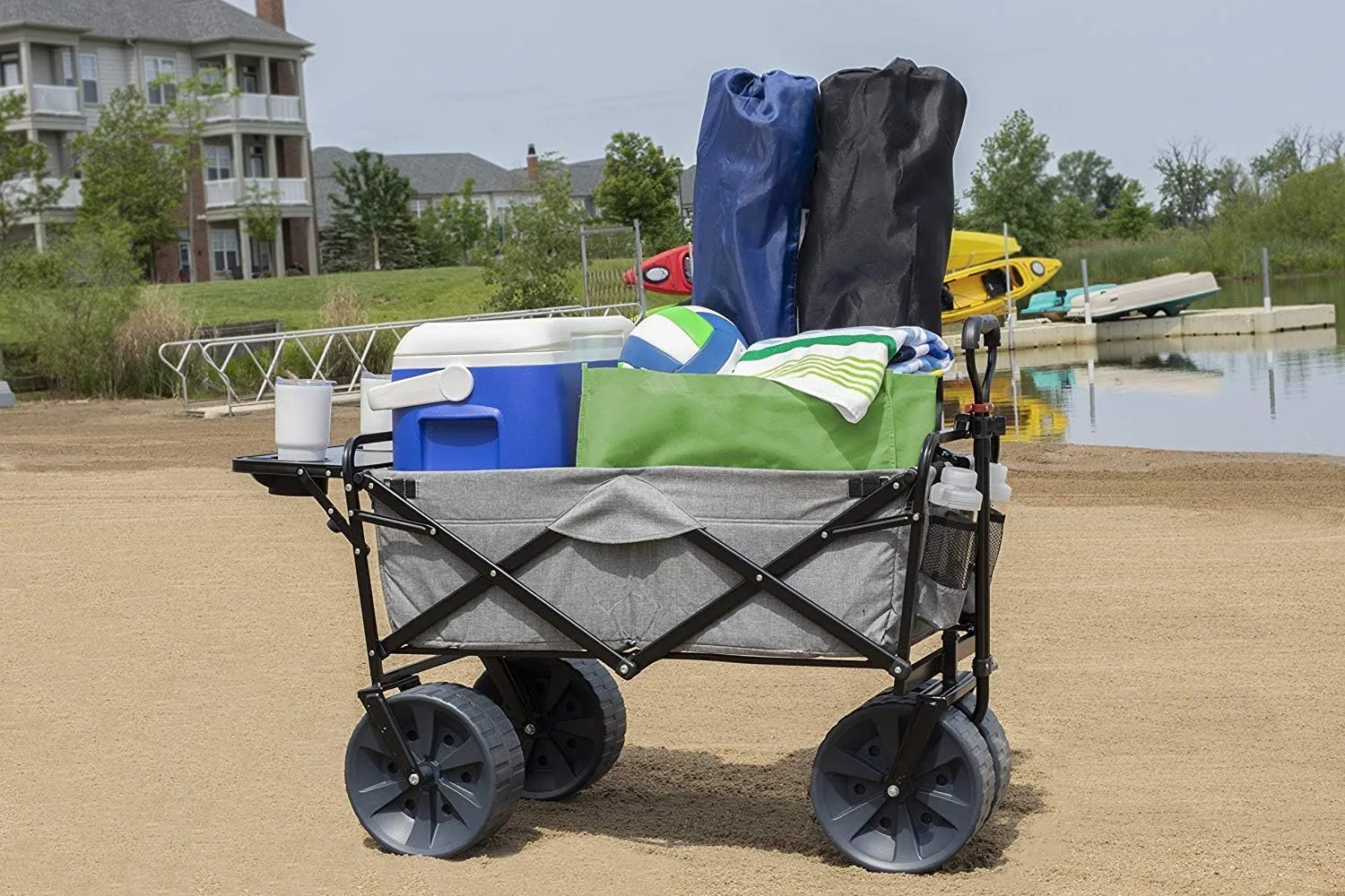 MacSports All Terrain Beach Wagon with Side Table|Heavy Duty Collapsible Folding Cart with Large Wheels for Beach Day, Picnic, Camping,Outdoor Activities | Light Gray