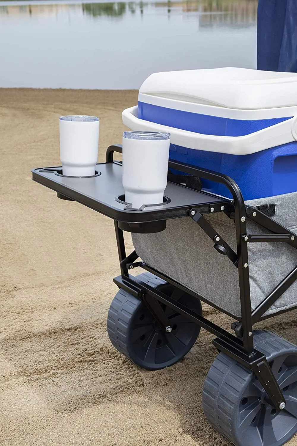 MacSports All Terrain Beach Wagon with Side Table|Heavy Duty Collapsible Folding Cart with Large Wheels for Beach Day, Picnic, Camping,Outdoor Activities | Light Gray
