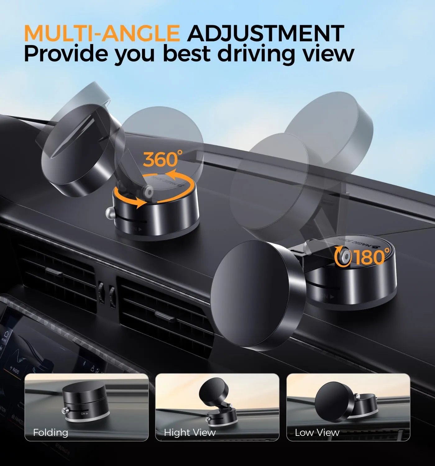 MAGIC JOHN Ultra Magnetic Phone Holders for Your Car, Foldable Car Phone Holder Mount for Dashboard, 360° Rotatable Magnetic Phone Holder for Car, Magnetic Car Mount for iPhone All Cell Phones, Black