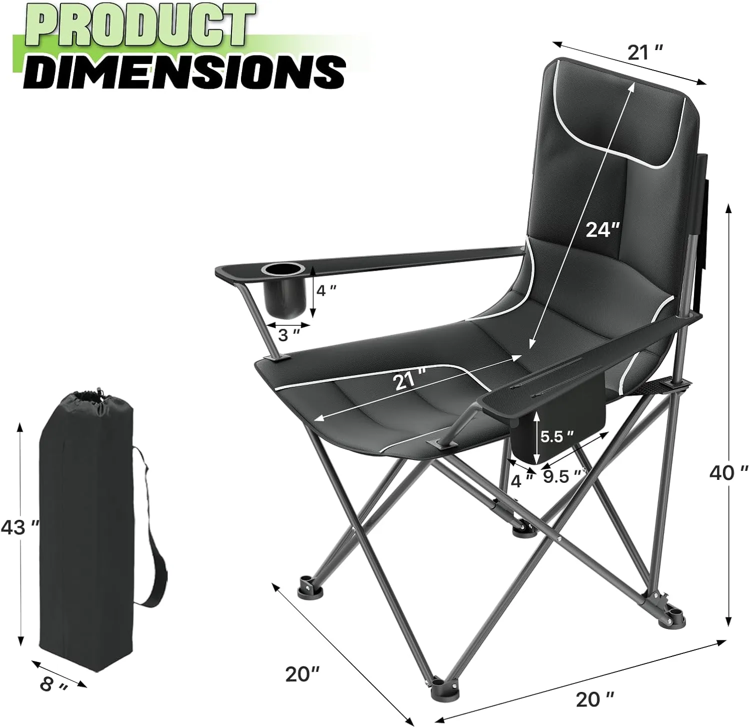 Magshion High Back Camping Chairs for Adults, 3 Position Adjustable Backrest, Folding Lightweight Lawn Chair with Side Pocket, Cup Holder & Storage Bag for Picnic Hiking, Supports 250lbs, 1PC, Black