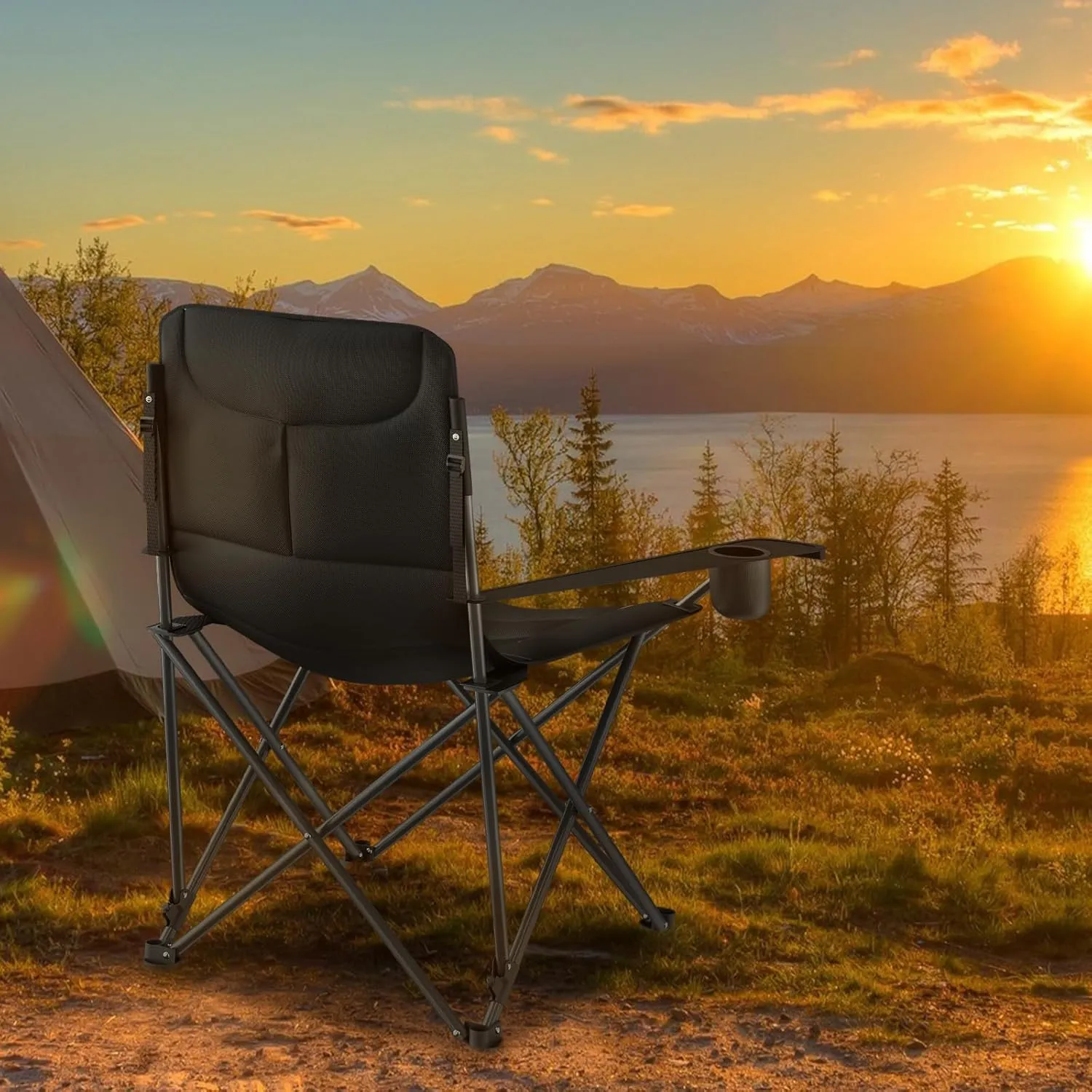 Magshion High Back Camping Chairs for Adults, 3 Position Adjustable Backrest, Folding Lightweight Lawn Chair with Side Pocket, Cup Holder & Storage Bag for Picnic Hiking, Supports 250lbs, 1PC, Black