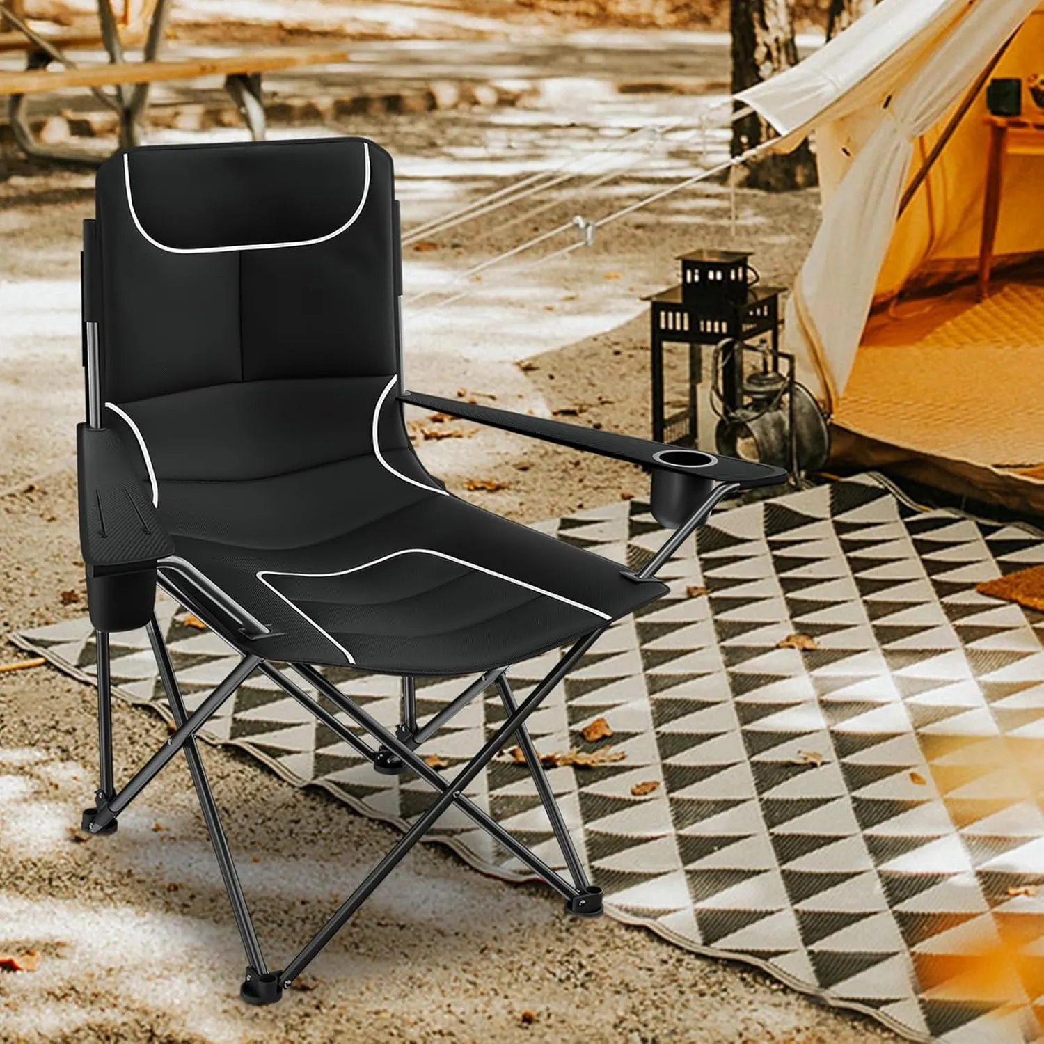 Magshion High Back Camping Chairs for Adults, 3 Position Adjustable Backrest, Folding Lightweight Lawn Chair with Side Pocket, Cup Holder & Storage Bag for Picnic Hiking, Supports 250lbs, 1PC, Black