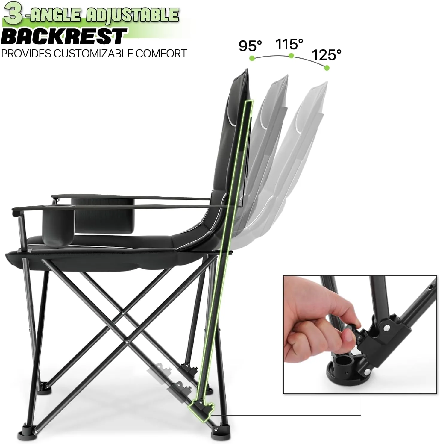 Magshion High Back Camping Chairs for Adults, 3 Position Adjustable Backrest, Folding Lightweight Lawn Chair with Side Pocket, Cup Holder & Storage Bag for Picnic Hiking, Supports 250lbs, 1PC, Black