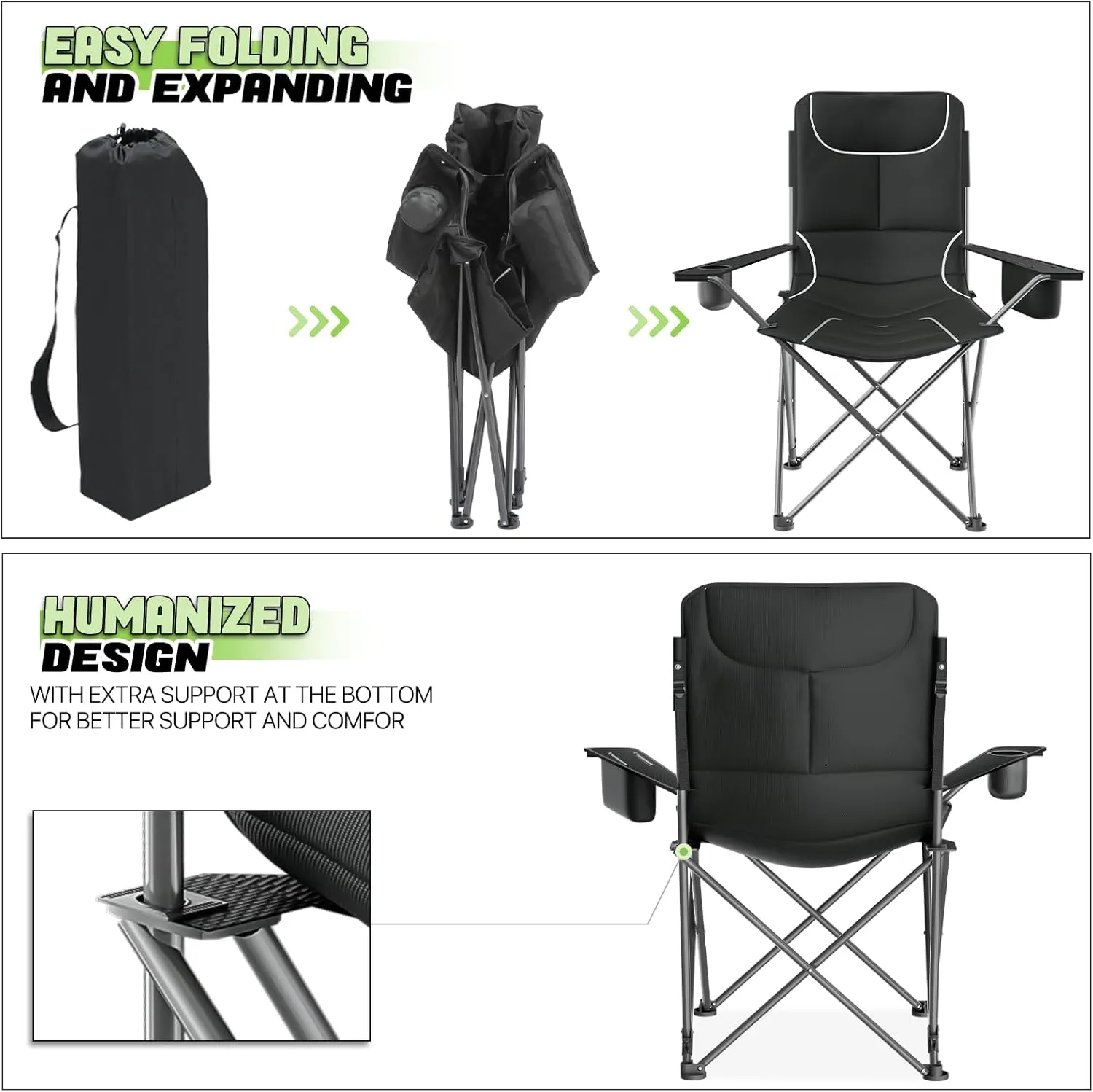 Magshion High Back Camping Chairs for Adults, 3 Position Adjustable Backrest, Folding Lightweight Lawn Chair with Side Pocket, Cup Holder & Storage Bag for Picnic Hiking, Supports 250lbs, 1PC, Black