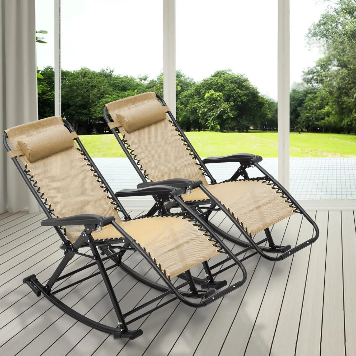 Magshion Outdoor Rocking Chairs 2 Pack Lounge Patio Rocking Chair Zero Gravity Outdoor Folding Recliner Foldable Lounge Chair for Patio Poolside and Camping, Support up to 330 lbs (Cream)