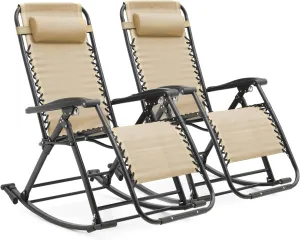 Magshion Outdoor Rocking Chairs 2 Pack Lounge Patio Rocking Chair Zero Gravity Outdoor Folding Recliner Foldable Lounge Chair for Patio Poolside and Camping, Support up to 330 lbs (Cream)
