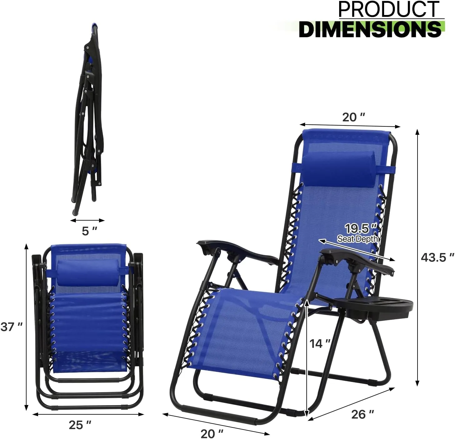Magshion Zero Gravity Lounge Chairs Set of 2, Outdoor Patio Reclining Chair with Side Tray, Adjustable Anti-Gravity Recliners with Pillow Headrest, Folding Lounger for Lawn Camping Beach, Blue