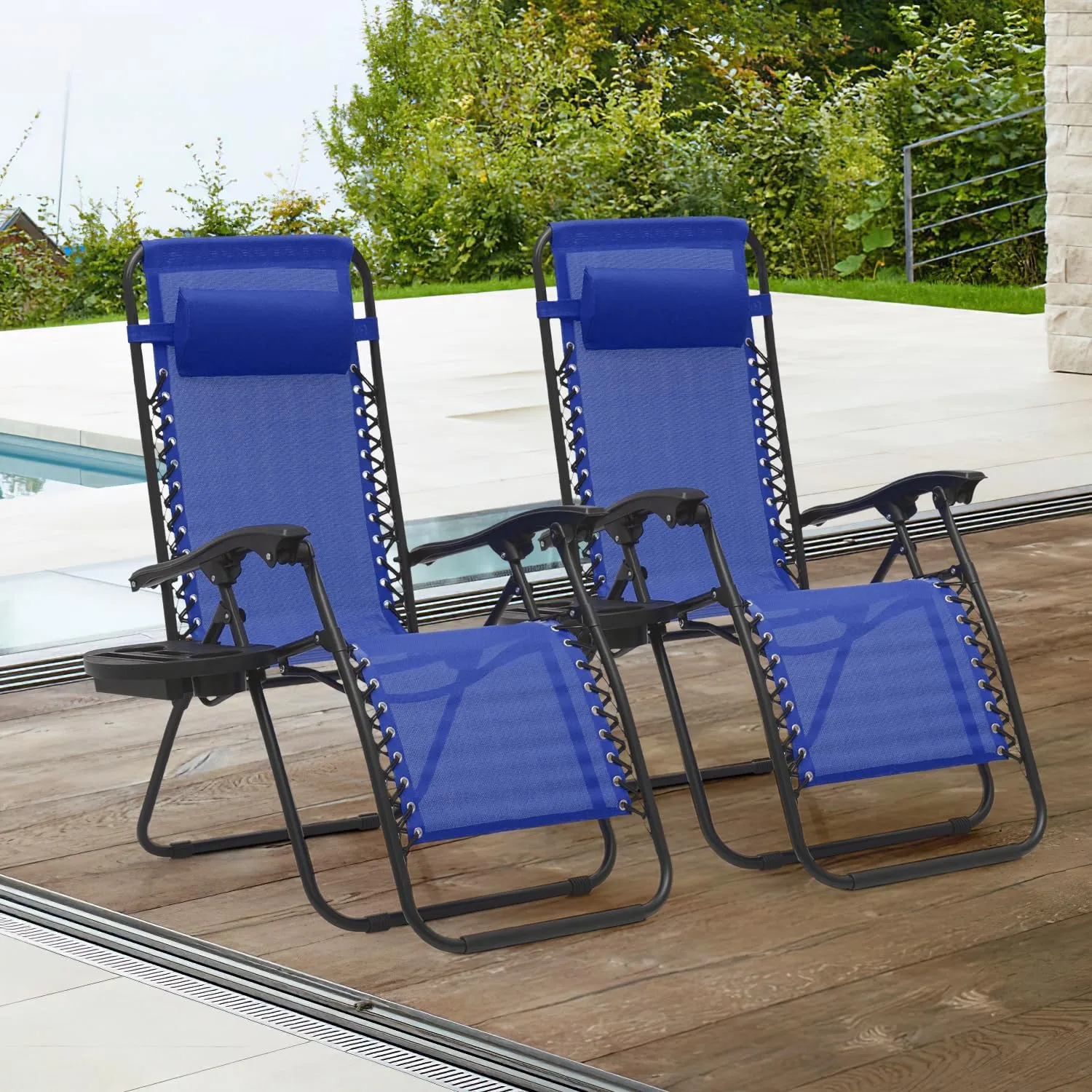 Magshion Zero Gravity Lounge Chairs Set of 2, Outdoor Patio Reclining Chair with Side Tray, Adjustable Anti-Gravity Recliners with Pillow Headrest, Folding Lounger for Lawn Camping Beach, Blue