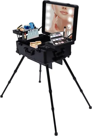Make-Up Case, Cosmetic Train Table with 4 Rolling Wheels & Lights & Mirror, Adjustable Legs Pro Make-Up Station, Cover Panel and Easy-to-Clean Extendable Trays