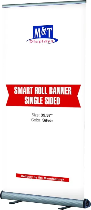 M&T Displays Smart Retractable Roll Up Banner Floor Standing 39.37 Inch Display Stand Silver Aluminum Profile with Telescopic Pole, Durable Carrying Bag for Convention, Conference, Trade Show, Office
