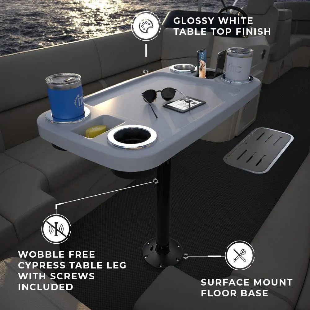 Manufacturers' Select ITC Boat Table Set - 18"x34" Removable Pontoon Boat Table with Pedestal Leg, 4 Drink Holders, and 2 Phone Stands (Glossy White Table with Black Leg)