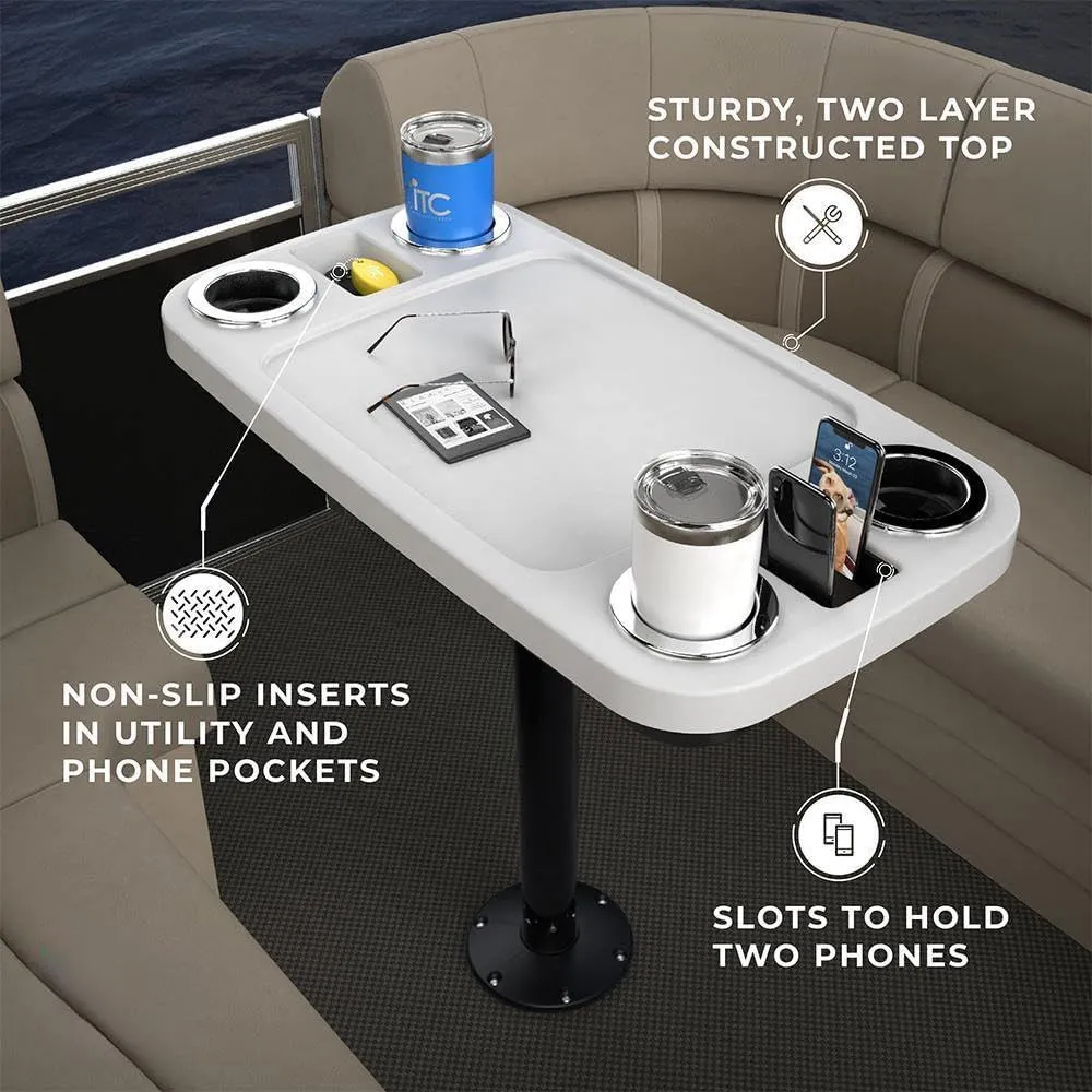 Manufacturers' Select ITC Boat Table Set - 18"x34" Removable Pontoon Boat Table with Pedestal Leg, 4 Drink Holders, and 2 Phone Stands (Glossy White Table with Black Leg)