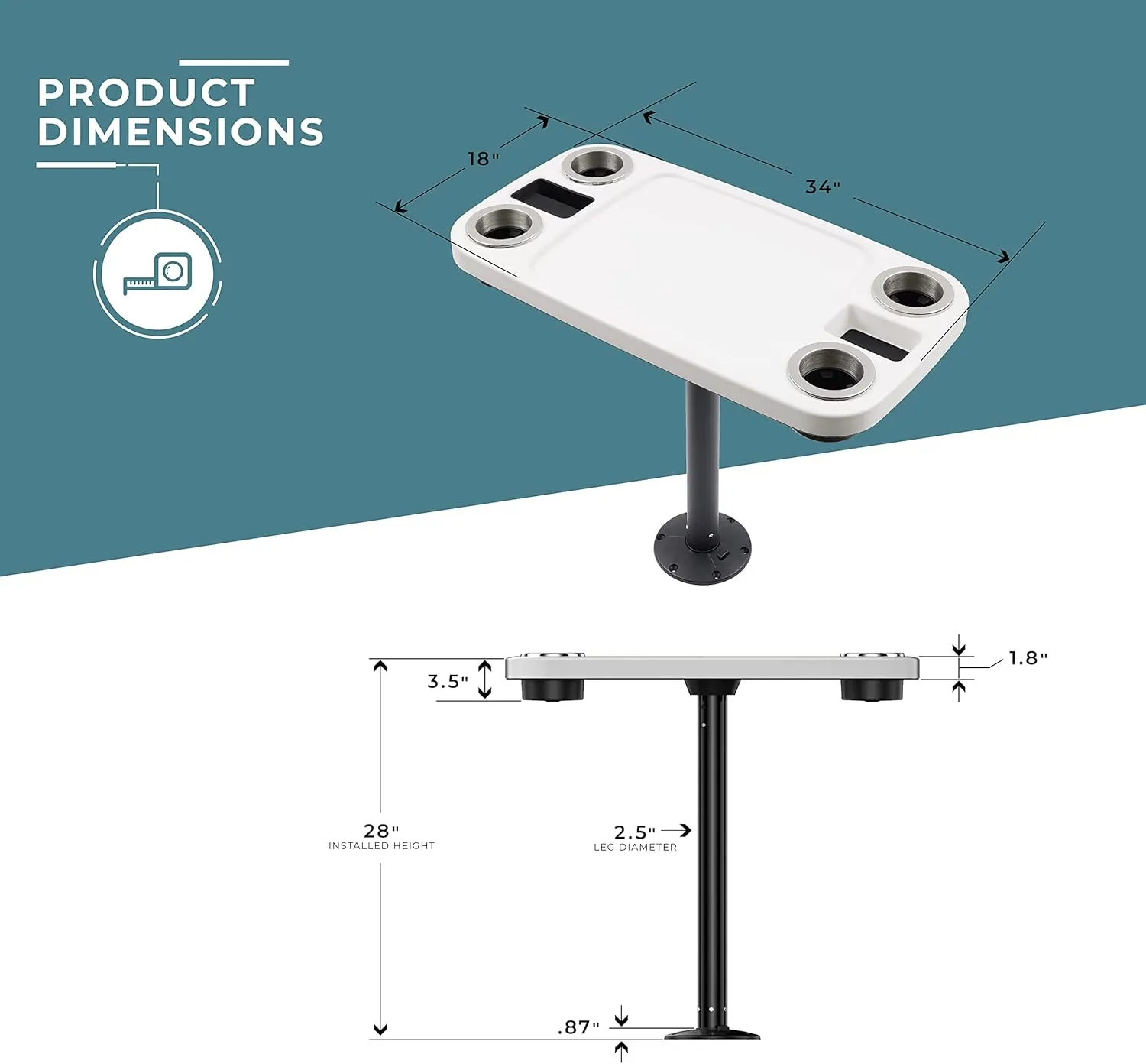 Manufacturers' Select ITC Boat Table Set - 18"x34" Removable Pontoon Boat Table with Pedestal Leg, 4 Drink Holders, and 2 Phone Stands (Glossy White Table with Black Leg)