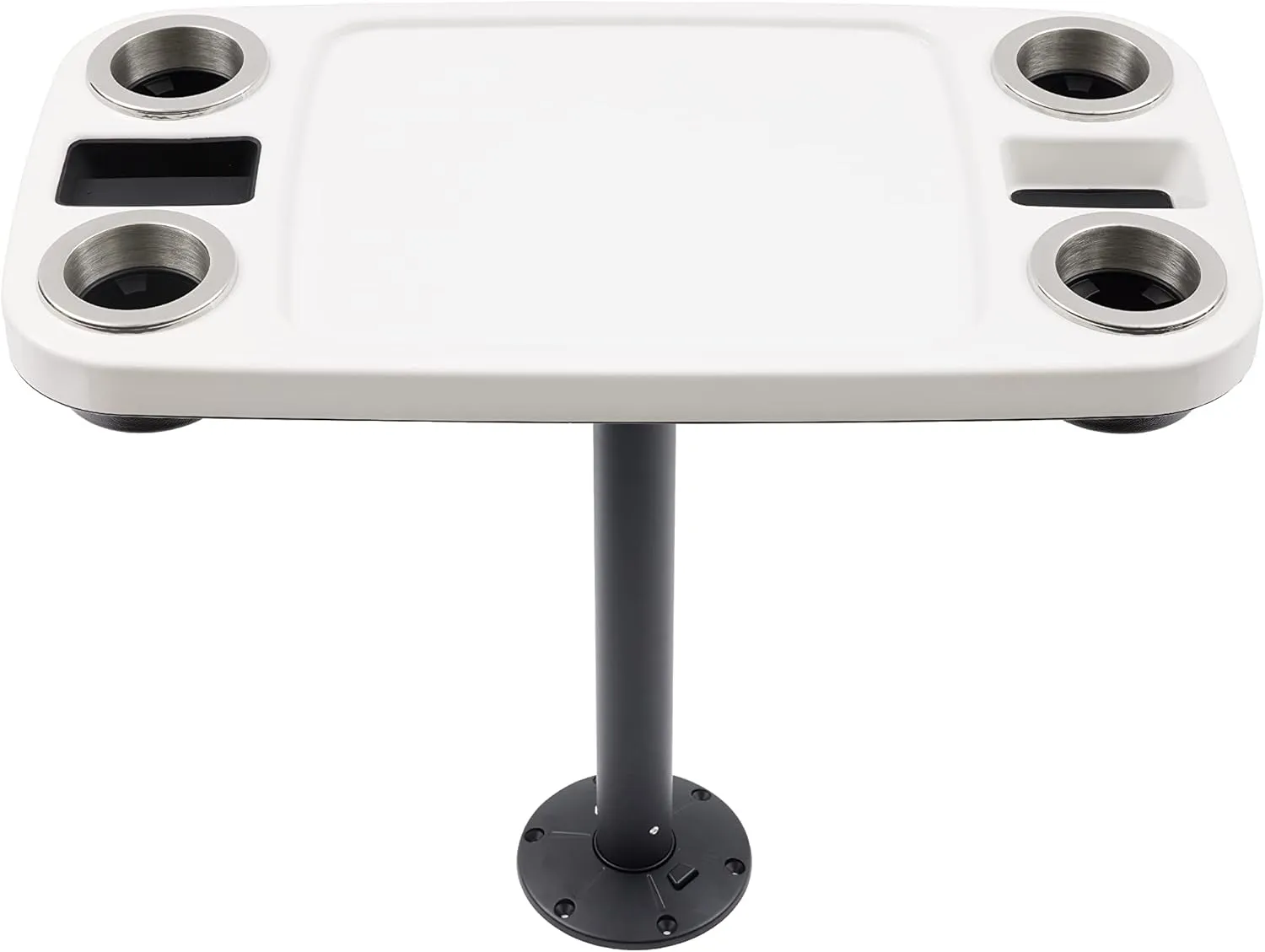 Manufacturers' Select ITC Boat Table Set - 18"x34" Removable Pontoon Boat Table with Pedestal Leg, 4 Drink Holders, and 2 Phone Stands (Glossy White Table with Black Leg)