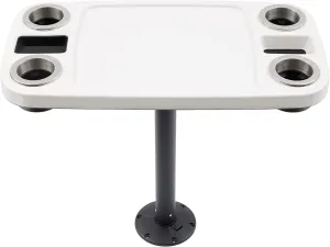 Manufacturers' Select ITC Boat Table Set - 18"x34" Removable Pontoon Boat Table with Pedestal Leg, 4 Drink Holders, and 2 Phone Stands (Glossy White Table with Black Leg)