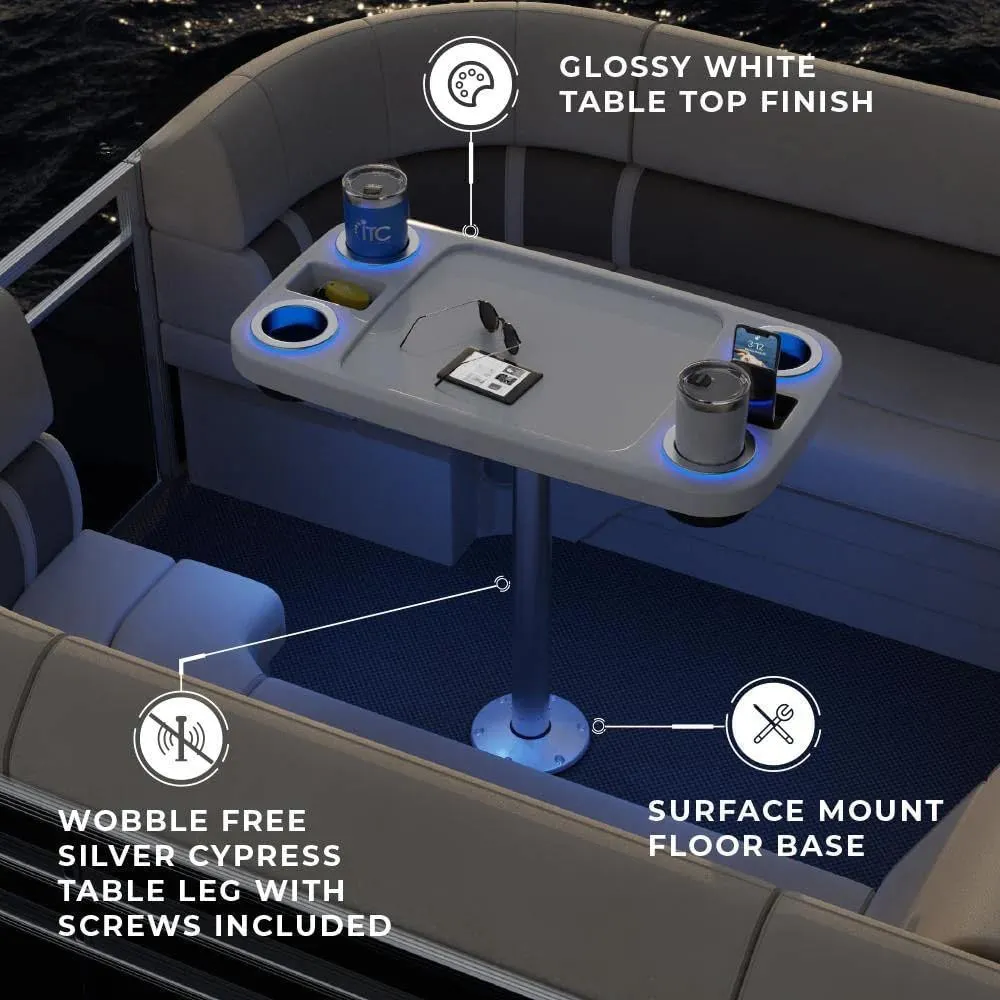 Manufacturers' Select ITC Lit Marine Boat Table Leg Set. Pontoon Accessories, Marine Pedestal Table. Large Top with Blue Led Lit Drink Holder