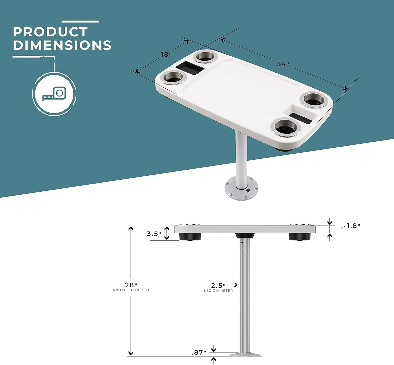 Manufacturers' Select ITC Lit Marine Boat Table Leg Set. Pontoon Accessories, Marine Pedestal Table. Large Top with Blue Led Lit Drink Holder