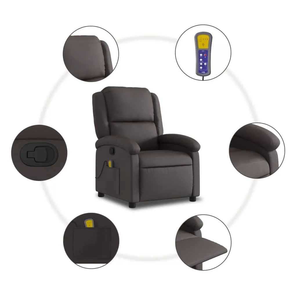 Massage Recliner Chair Dark Brown Real Leather