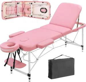 Massage Table Portable Massage Bed, 3 Folding Lash Bed with Adjustable Face Cradle & Armrest, Aluminum Spa Bed for Eyelash Extensions, 26" - 34.2" Height Adjustable for Spa Tattoo, Pink