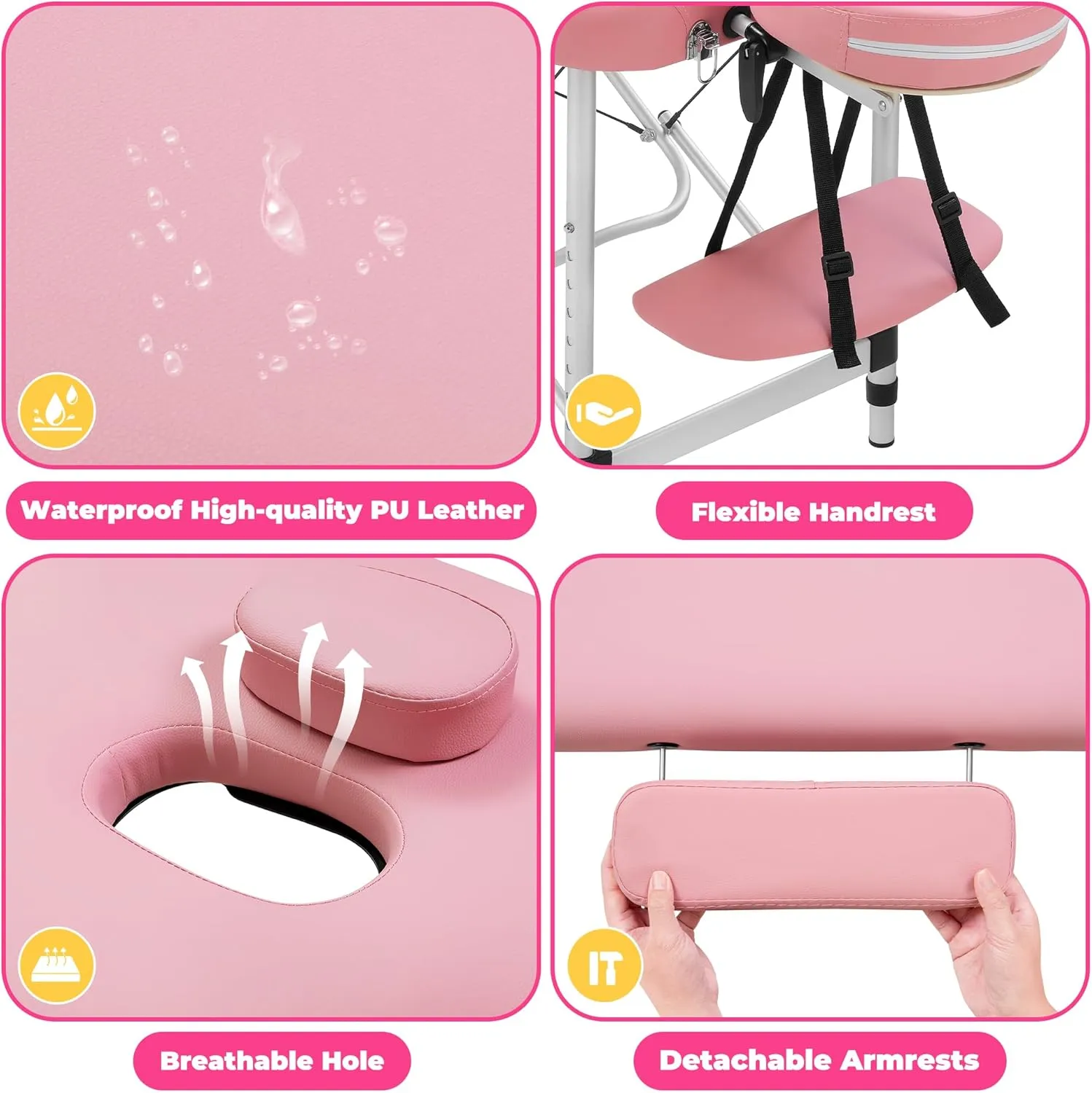 Massage Table Portable Massage Bed, 3 Folding Lash Bed with Adjustable Face Cradle & Armrest, Aluminum Spa Bed for Eyelash Extensions, 26" - 34.2" Height Adjustable for Spa Tattoo, Pink