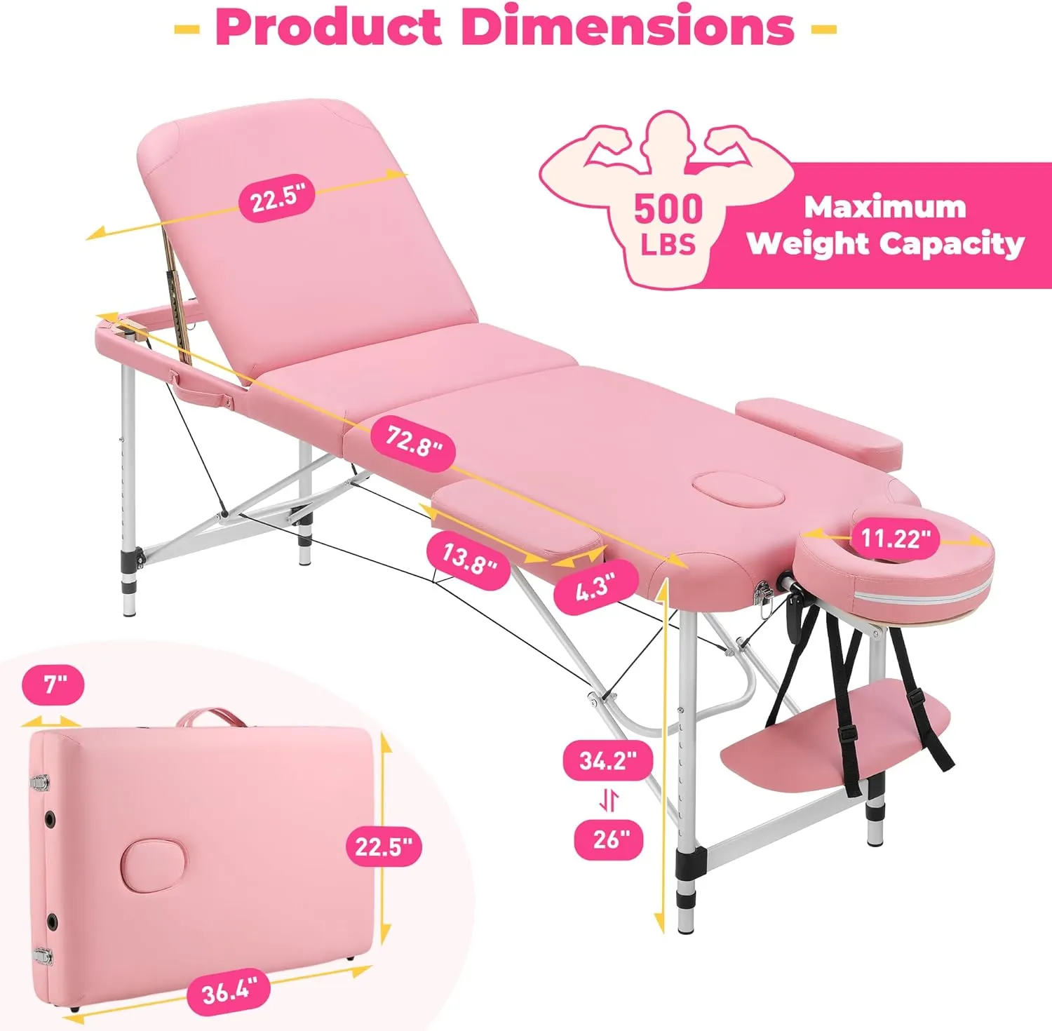 Massage Table Portable Massage Bed, 3 Folding Lash Bed with Adjustable Face Cradle & Armrest, Aluminum Spa Bed for Eyelash Extensions, 26" - 34.2" Height Adjustable for Spa Tattoo, Pink