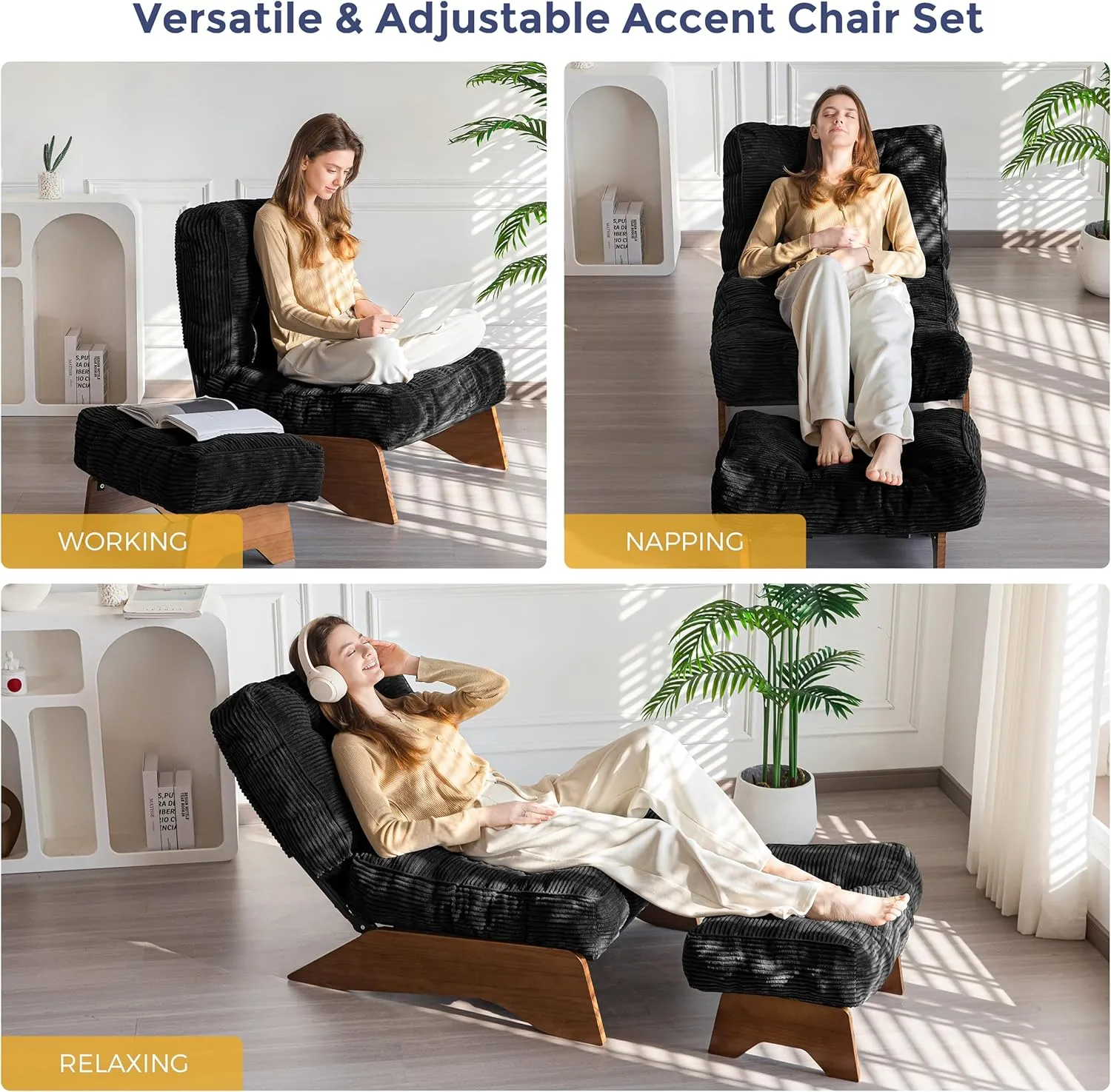 MAXYOYO Accent Chair with Ottoman Adjustable Backrest, Tufted Living Room Chair Upholstered Lounge Chair with Footrest Set, Modern Chair Cozy Reclining Chair for Reading Room, Black