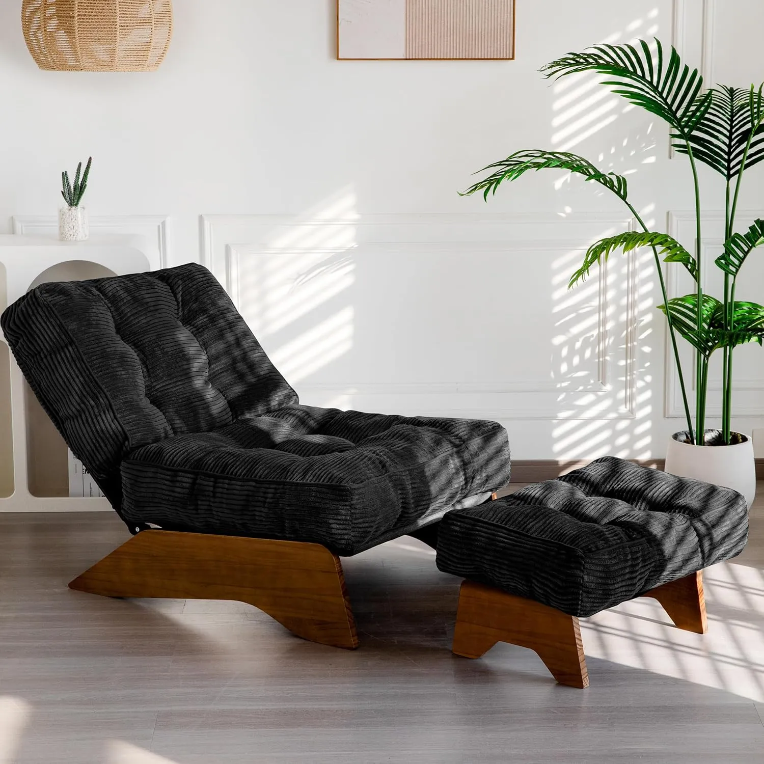 MAXYOYO Accent Chair with Ottoman Adjustable Backrest, Tufted Living Room Chair Upholstered Lounge Chair with Footrest Set, Modern Chair Cozy Reclining Chair for Reading Room, Black