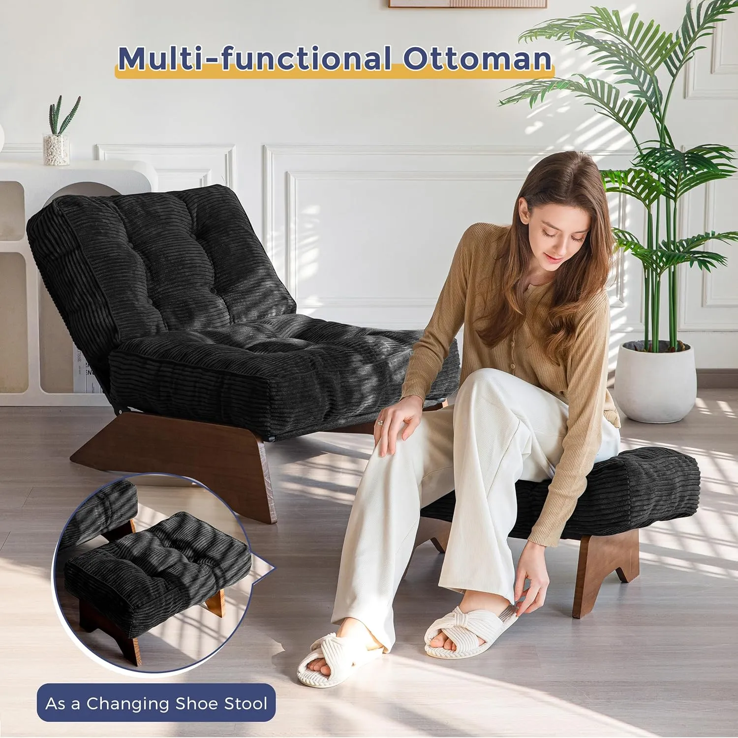 MAXYOYO Accent Chair with Ottoman Adjustable Backrest, Tufted Living Room Chair Upholstered Lounge Chair with Footrest Set, Modern Chair Cozy Reclining Chair for Reading Room, Black