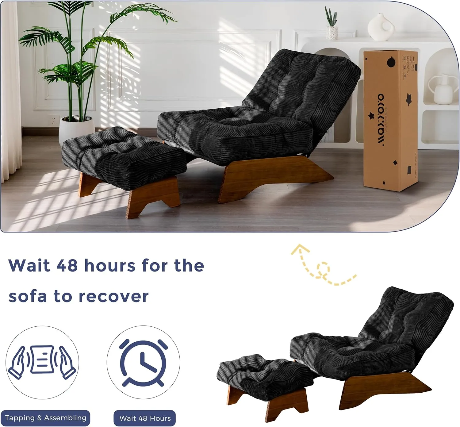 MAXYOYO Accent Chair with Ottoman Adjustable Backrest, Tufted Living Room Chair Upholstered Lounge Chair with Footrest Set, Modern Chair Cozy Reclining Chair for Reading Room, Black