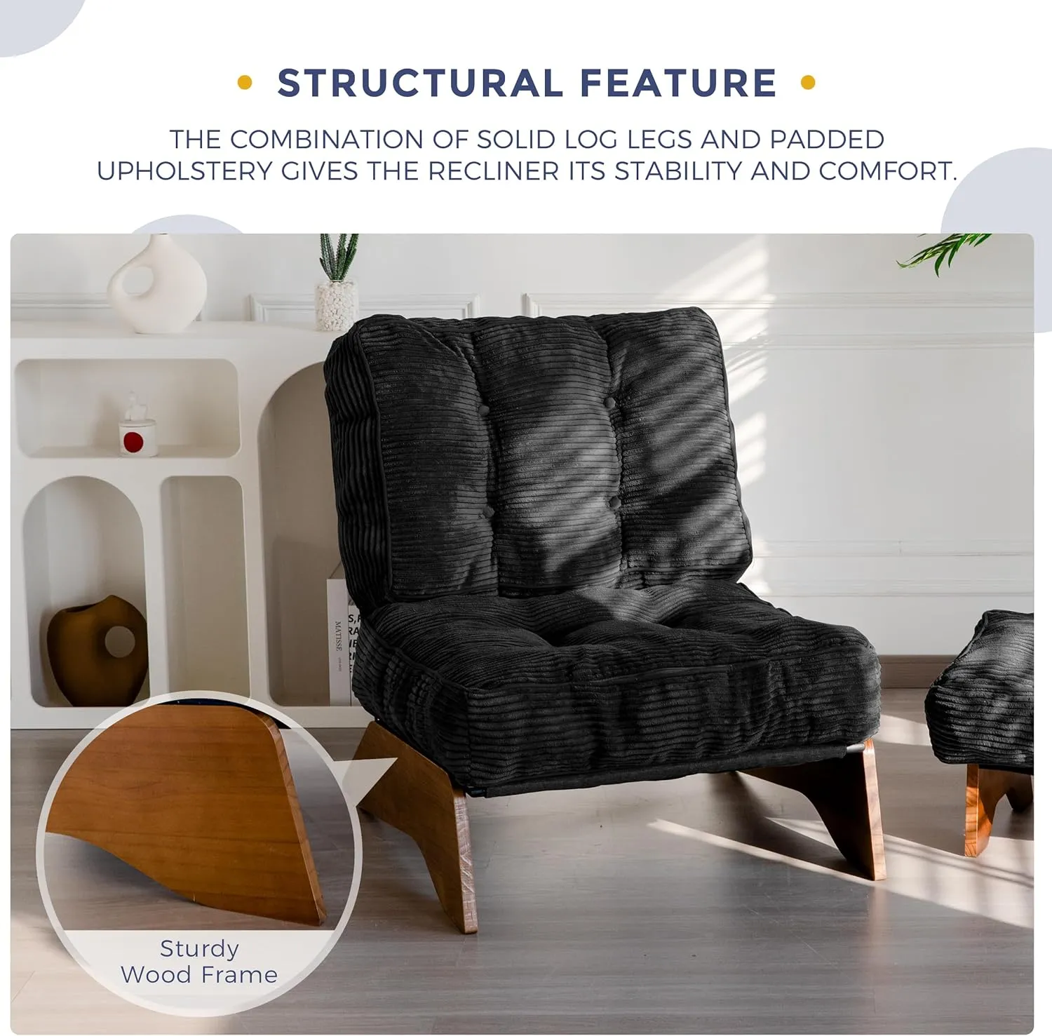 MAXYOYO Accent Chair with Ottoman Adjustable Backrest, Tufted Living Room Chair Upholstered Lounge Chair with Footrest Set, Modern Chair Cozy Reclining Chair for Reading Room, Black