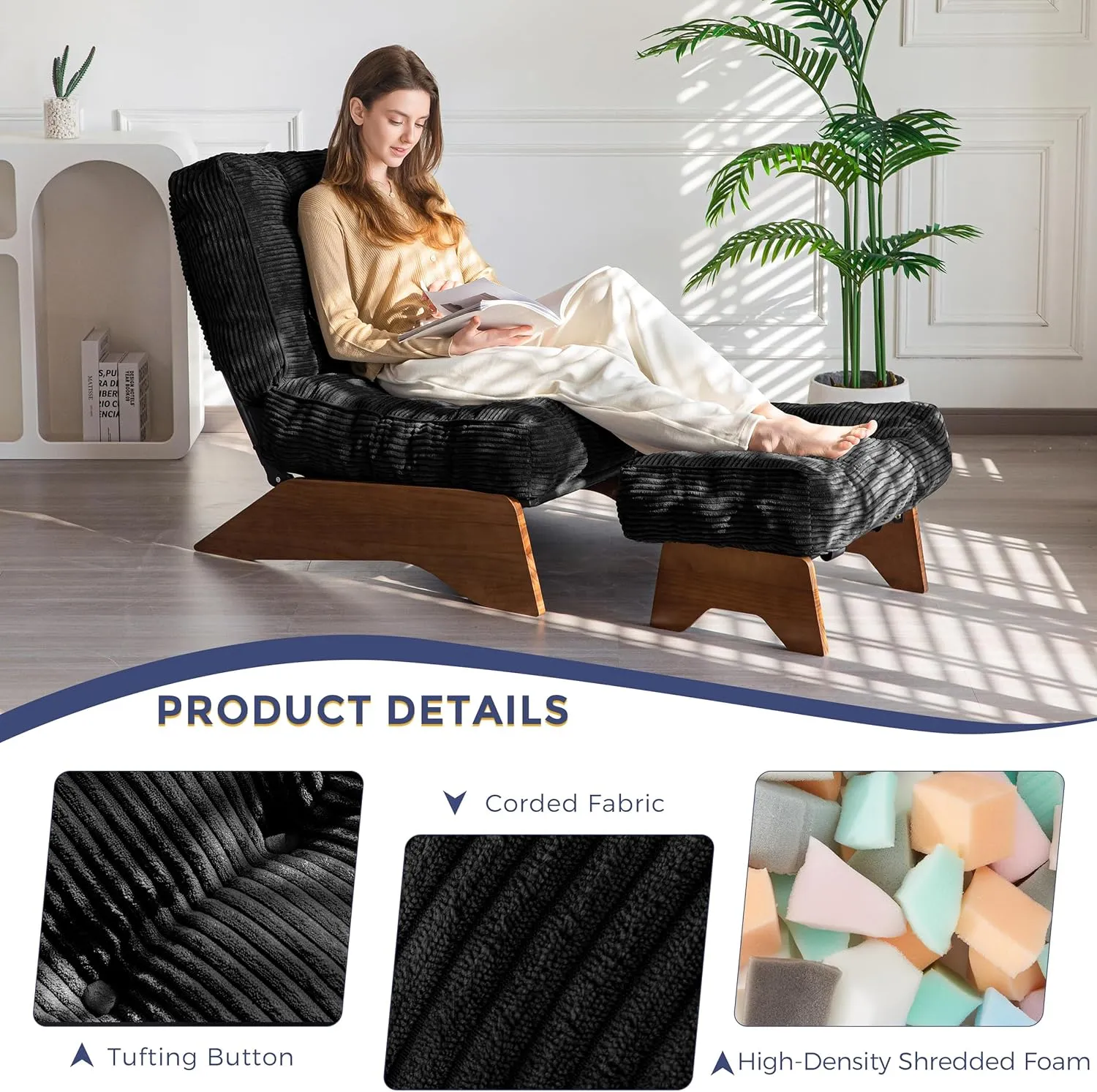 MAXYOYO Accent Chair with Ottoman Adjustable Backrest, Tufted Living Room Chair Upholstered Lounge Chair with Footrest Set, Modern Chair Cozy Reclining Chair for Reading Room, Black