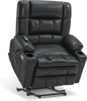 MCombo Dual Motor Wide Power Lift Recliner Chair for Elderly, Infinite Position Lay Flat Lift Chair with Heat and Massage for Seniors, Cup Holders, USB Ports, Faux Leather R7897 (Black, Medium-Wide)