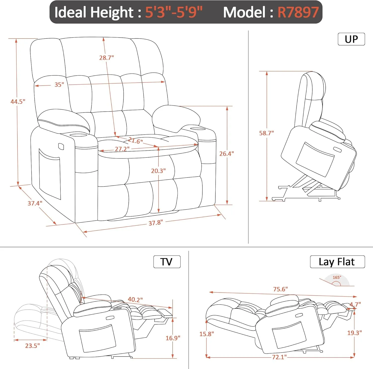 MCombo Dual Motor Wide Power Lift Recliner Chair for Elderly, Infinite Position Lay Flat Lift Chair with Heat and Massage for Seniors, Cup Holders, USB Ports, Faux Leather R7897 (Black, Medium-Wide)