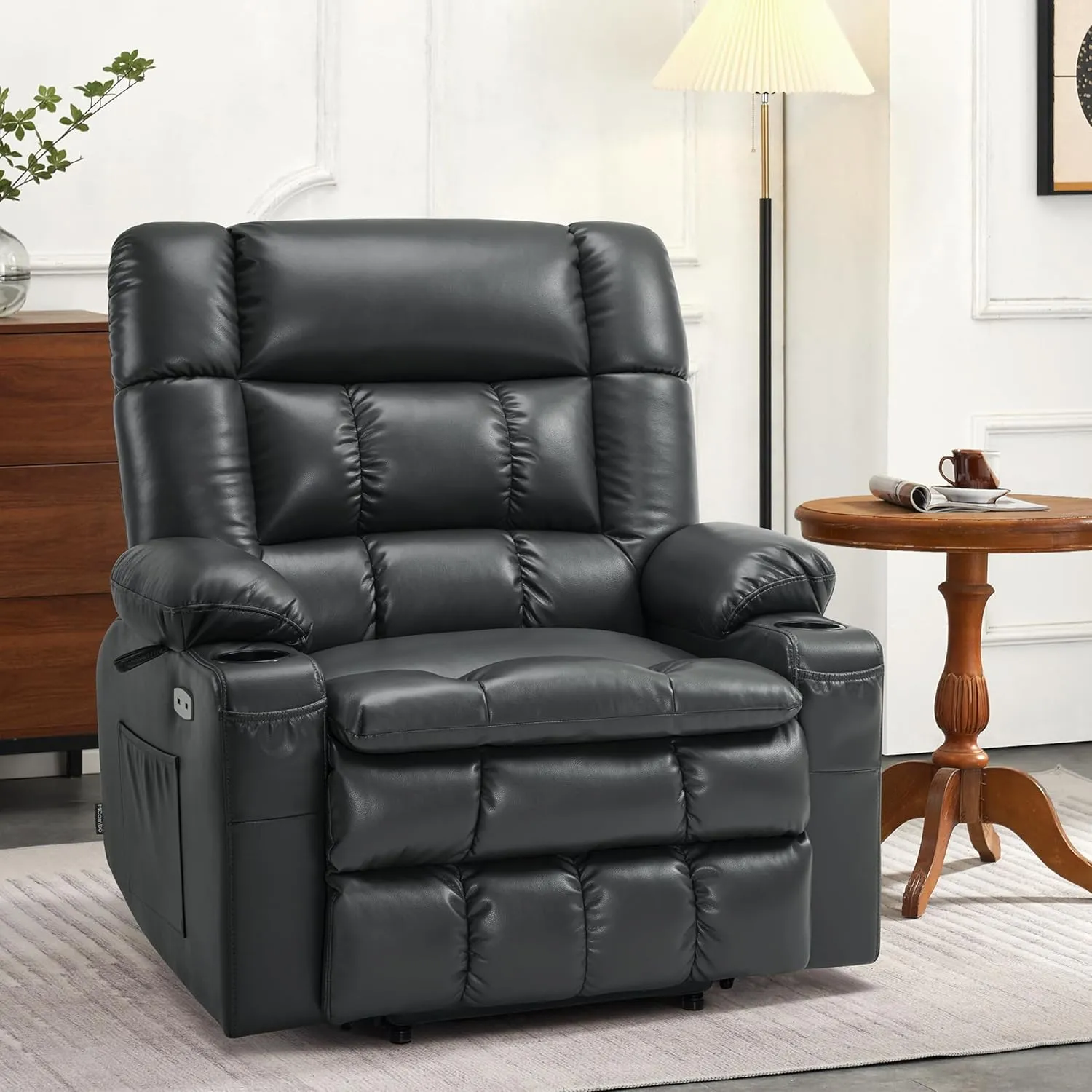 MCombo Dual Motor Wide Power Lift Recliner Chair for Elderly, Infinite Position Lay Flat Lift Chair with Heat and Massage for Seniors, Cup Holders, USB Ports, Faux Leather R7897 (Black, Medium-Wide)