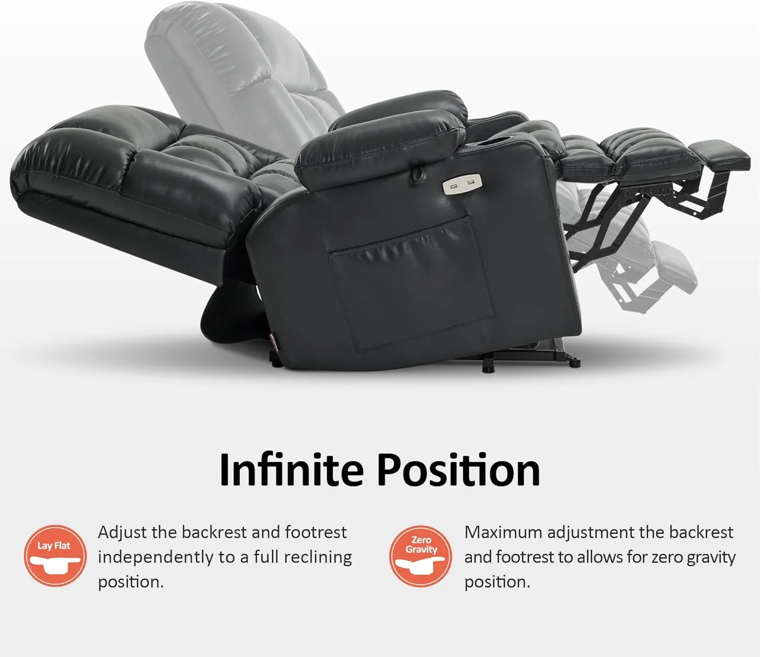 MCombo Dual Motor Wide Power Lift Recliner Chair for Elderly, Infinite Position Lay Flat Lift Chair with Heat and Massage for Seniors, Cup Holders, USB Ports, Faux Leather R7897 (Black, Medium-Wide)