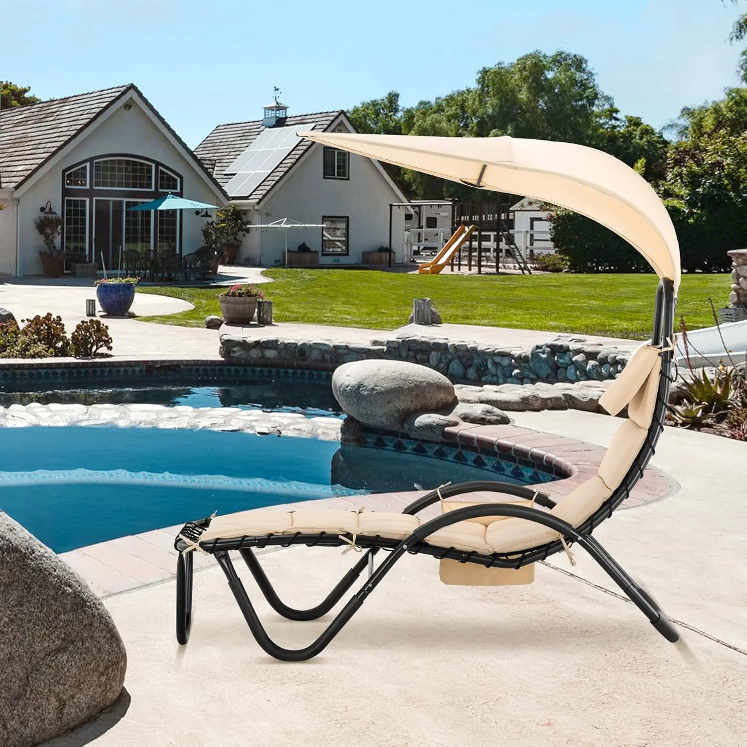 MCombo Outdoor Steel Chaise Lounge Chair with Removable Canopy and Cushions, Reclining Chair w/Side Pocket Arc Stand, for Beach Poolside Backyard Balcony Porch, 4097 (Beige)